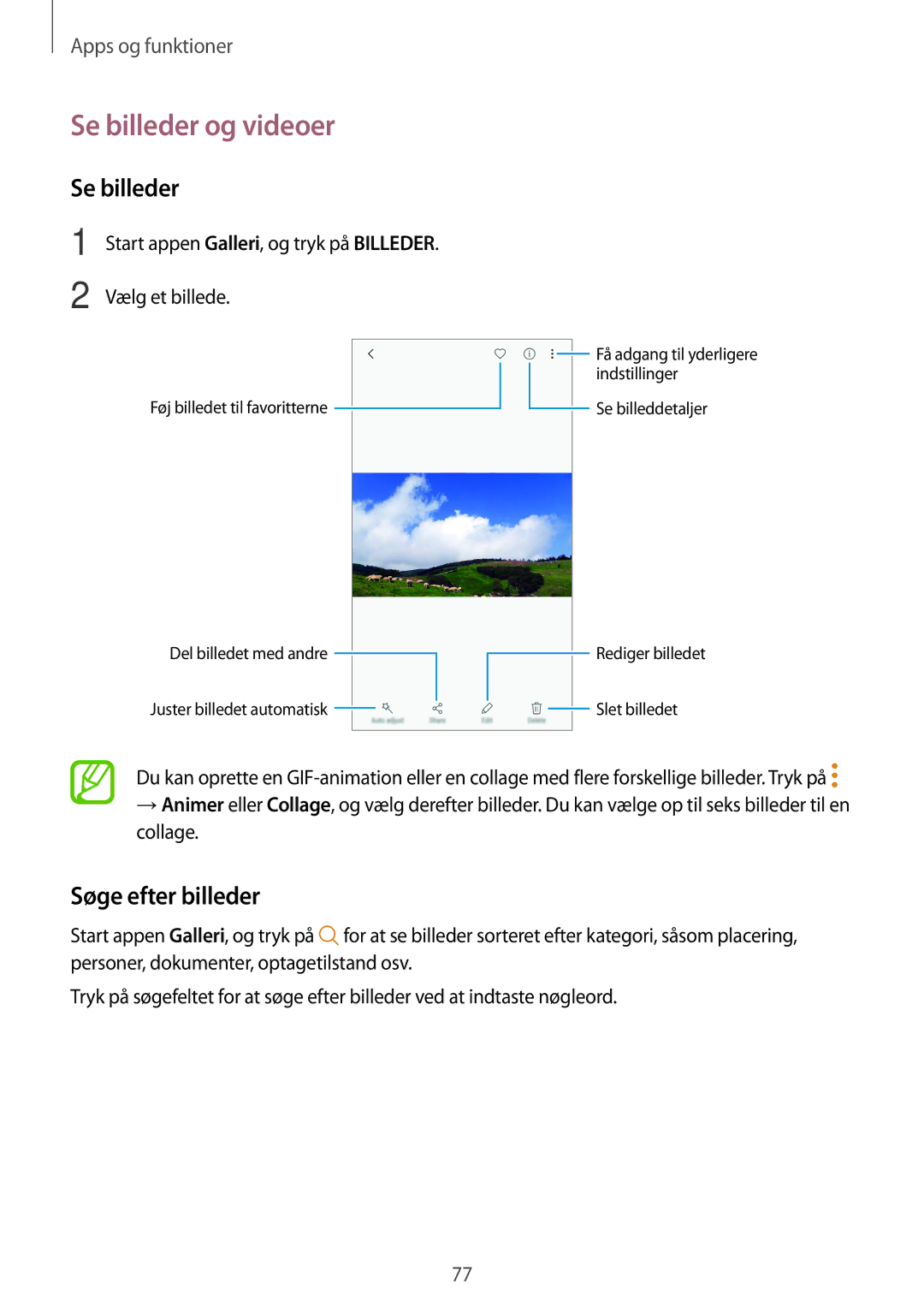 Samsung SM-A320FZINNEE, SM-A320FZKNNEE, SM-A520FZIANEE manual Se billeder og videoer, Søge efter billeder, Vælg et billede 