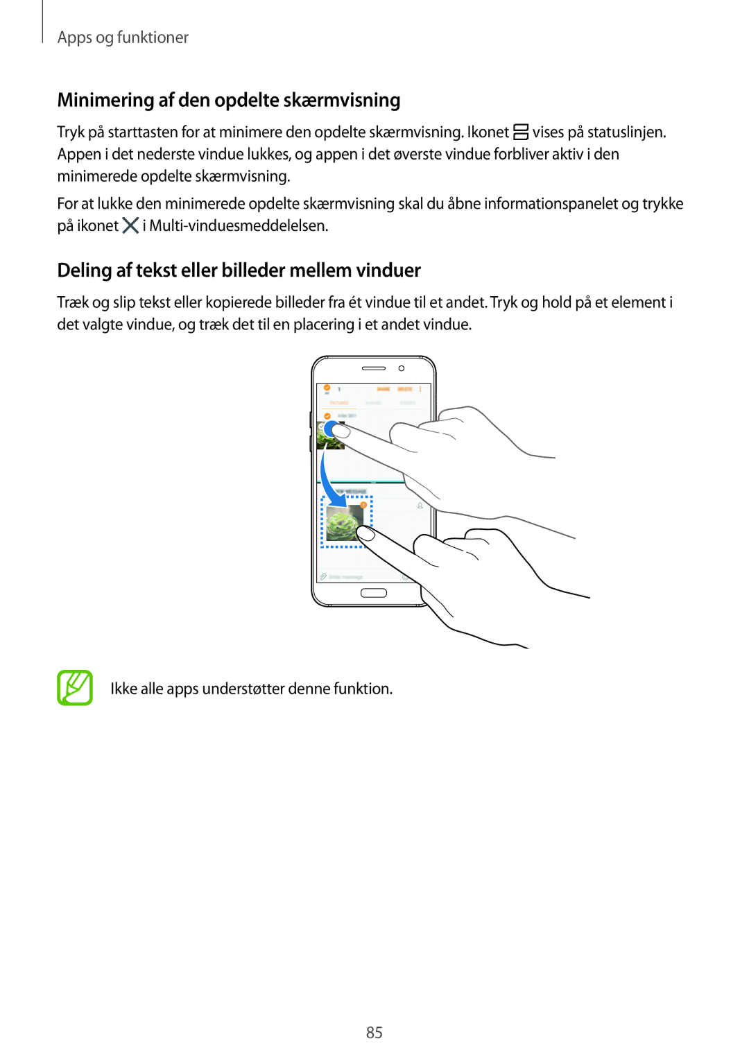 Samsung SM-A520FZIANEE manual Minimering af den opdelte skærmvisning, Deling af tekst eller billeder mellem vinduer 