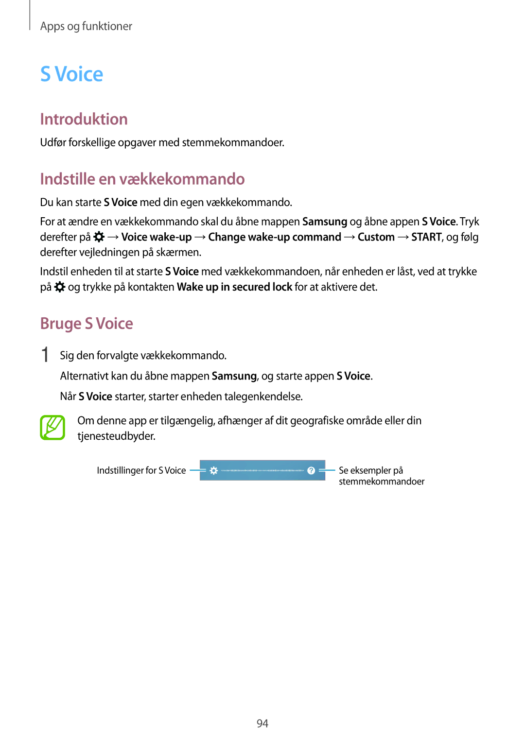 Samsung SM-A520FZKANEE manual Indstille en vækkekommando, Bruge S Voice, Udfør forskellige opgaver med stemmekommandoer 