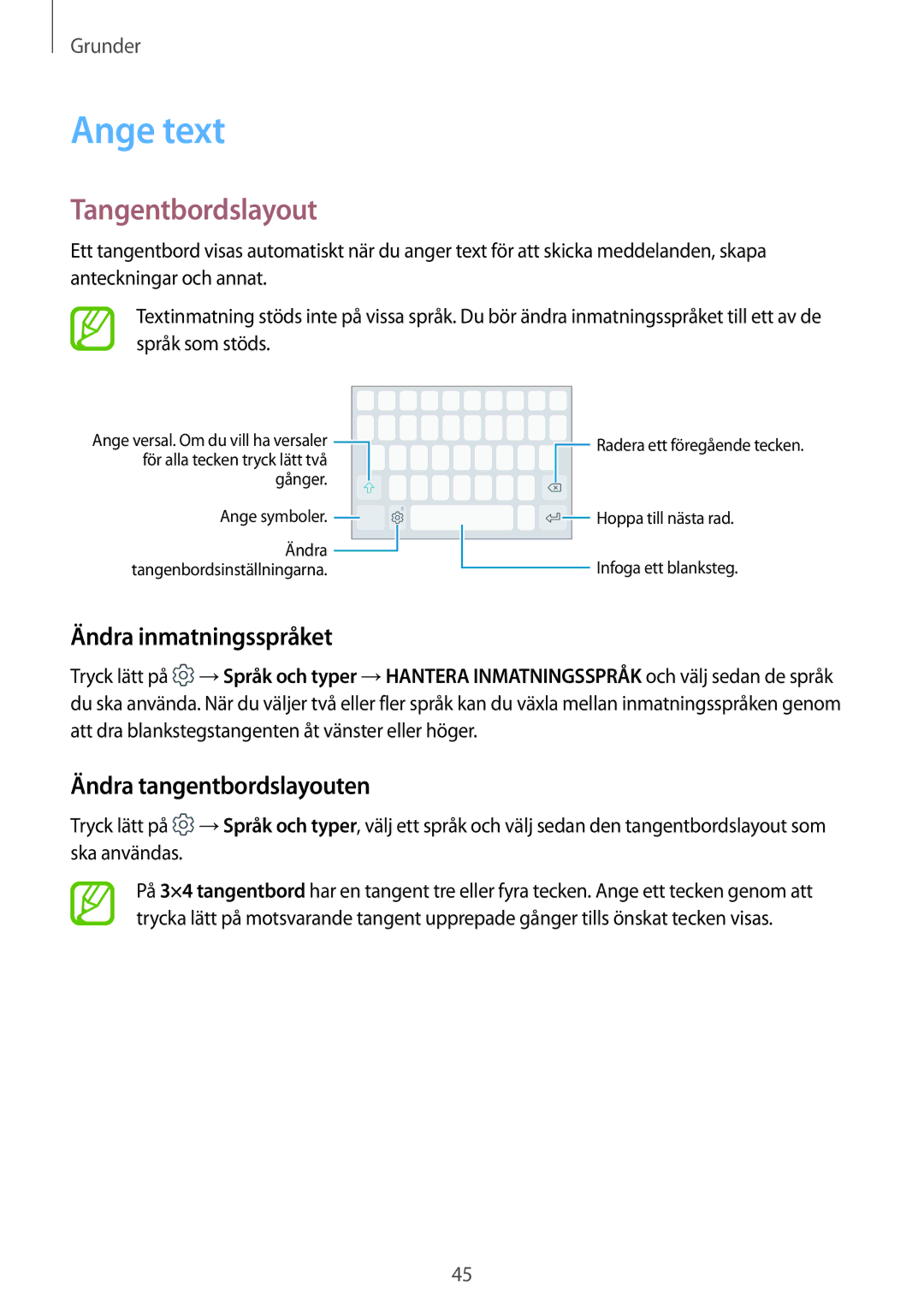 Samsung SM-A520FZDANEE, SM-A320FZKNNEE Ange text, Tangentbordslayout, Ändra inmatningsspråket, Ändra tangentbordslayouten 