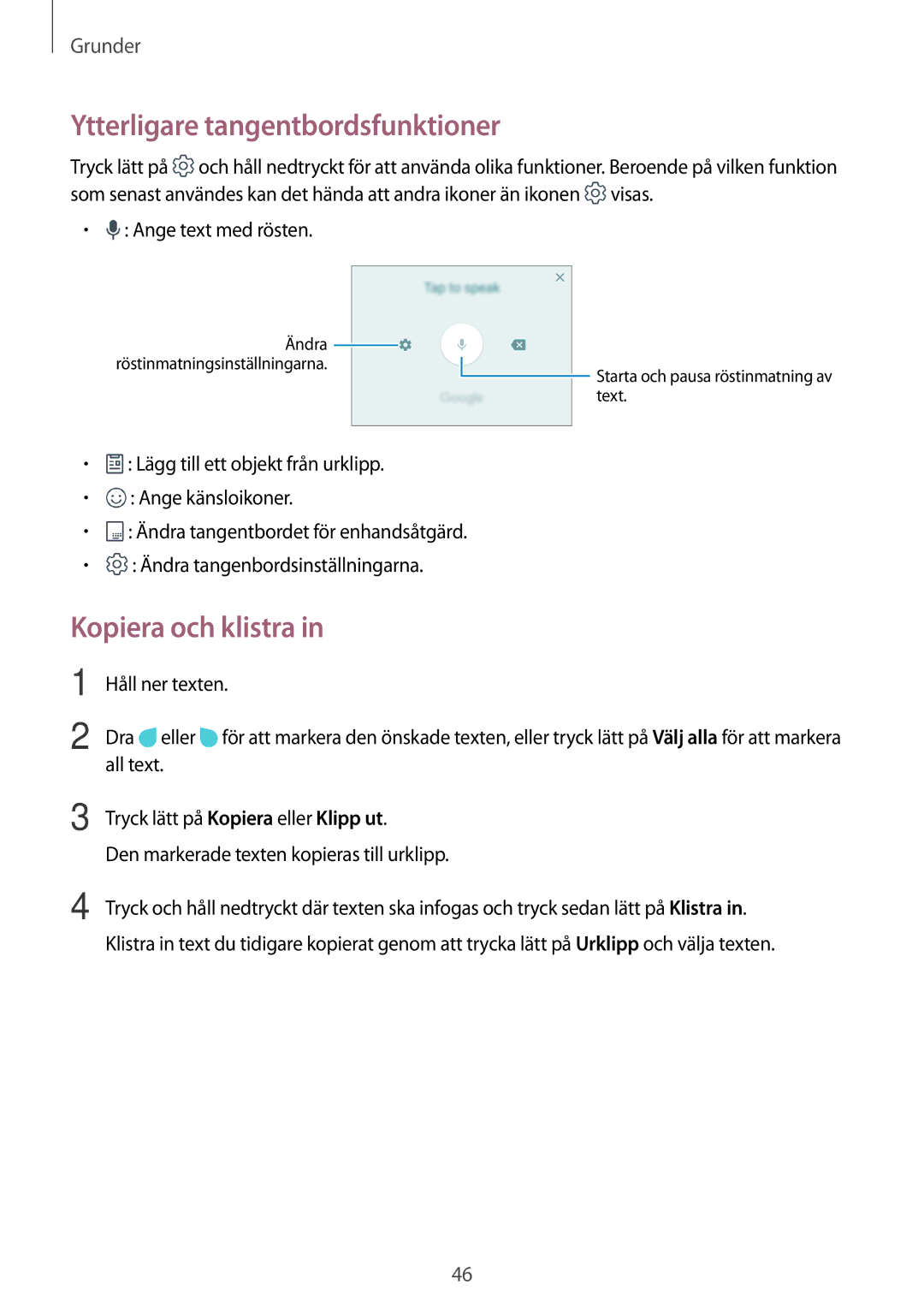 Samsung SM-A520FZKANEE, SM-A320FZKNNEE manual Ytterligare tangentbordsfunktioner, Kopiera och klistra, Ange text med rösten 