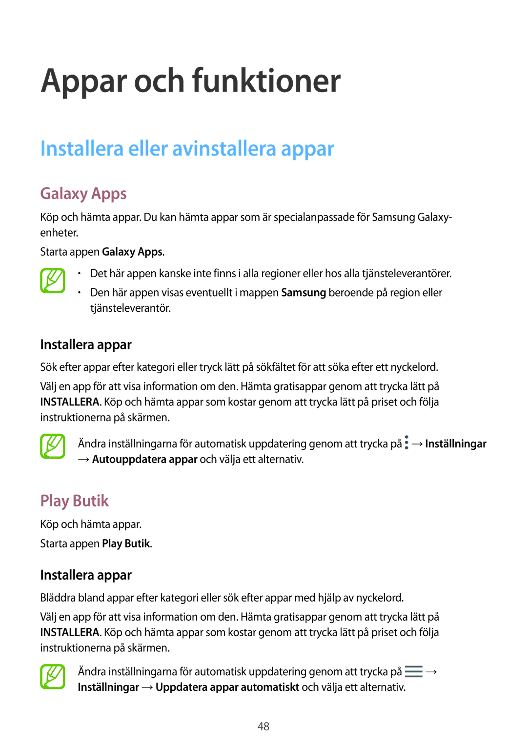 Samsung SM-A320FZKNNEE, SM-A520FZIANEE manual Installera eller avinstallera appar, Galaxy Apps, Play Butik, Installera appar 