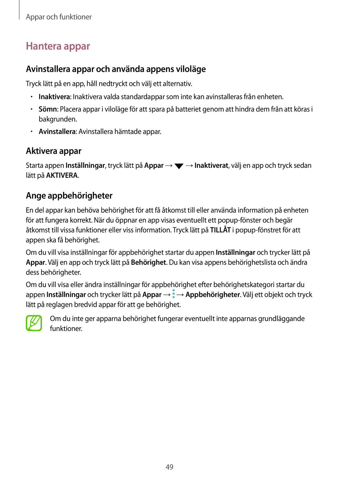 Samsung SM-A520FZIANEE Hantera appar, Avinstallera appar och använda appens viloläge, Aktivera appar, Ange appbehörigheter 