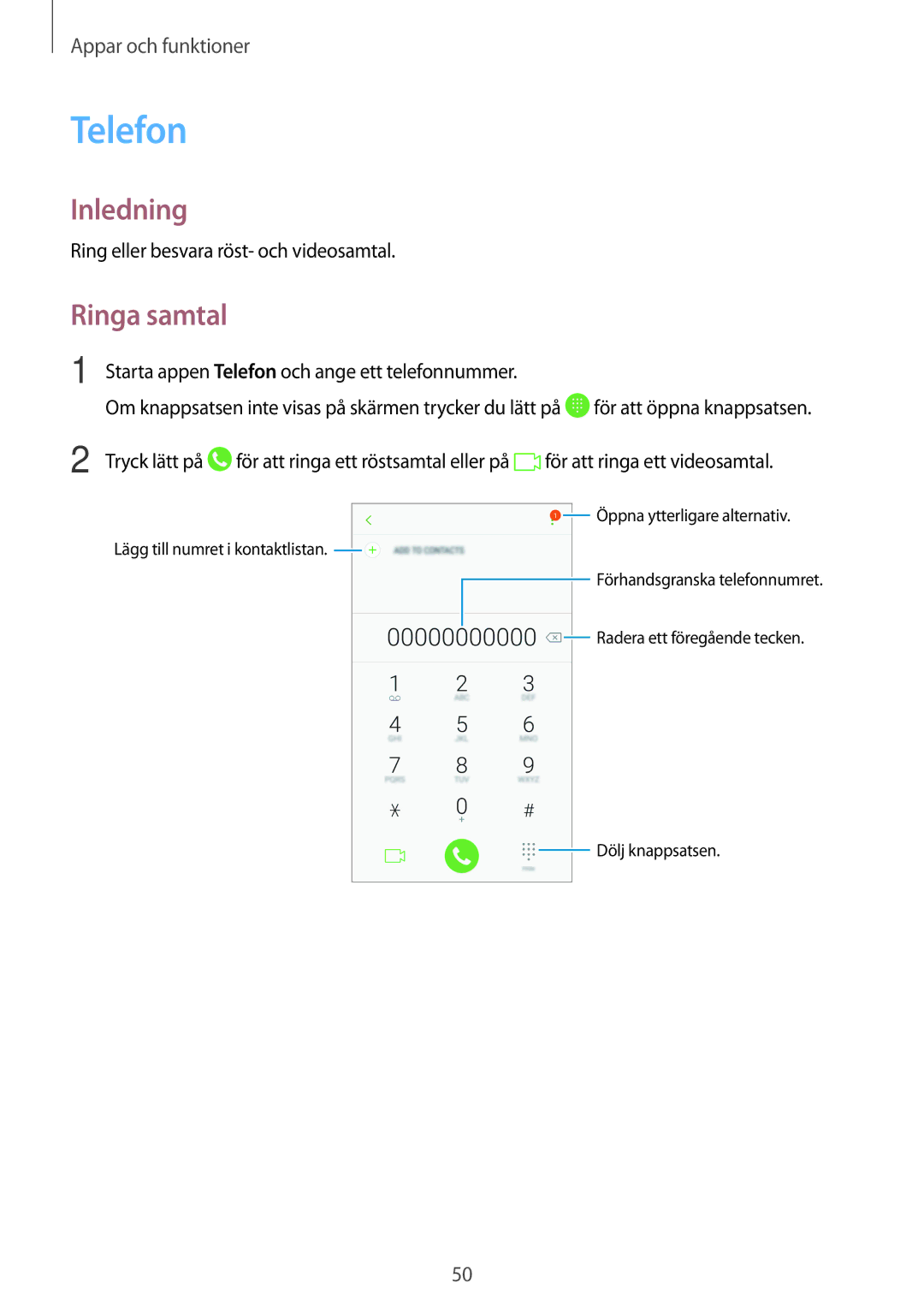 Samsung SM-A320FZDNNEE, SM-A320FZKNNEE, SM-A520FZIANEE manual Telefon, Ringa samtal, Ring eller besvara röst- och videosamtal 