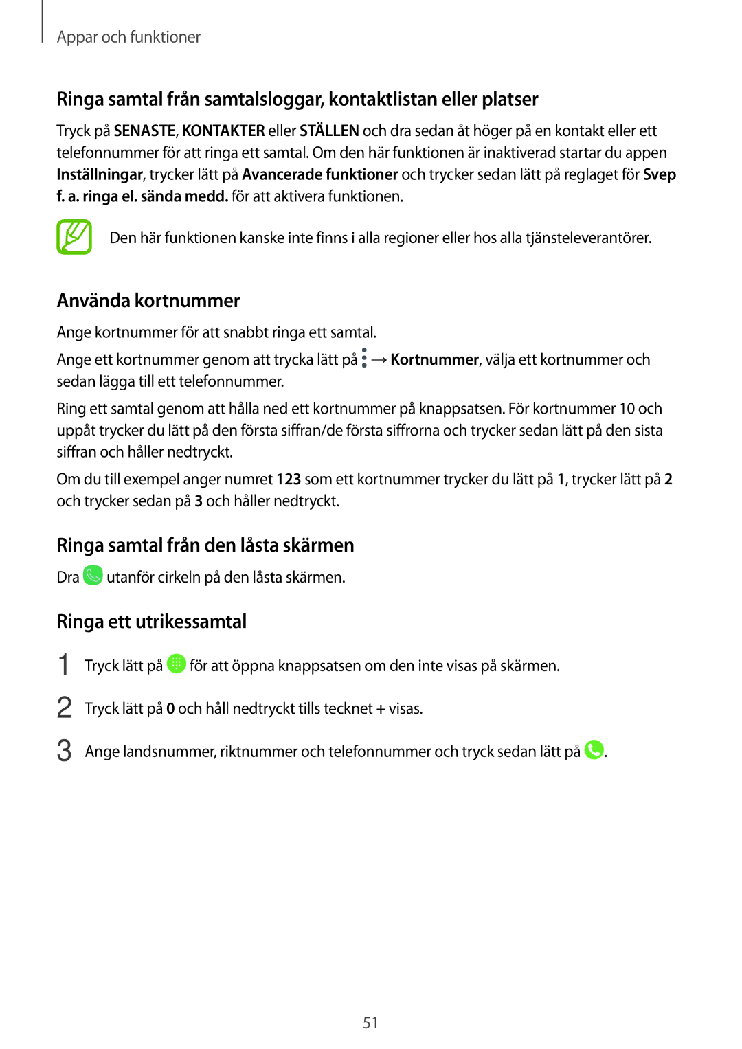 Samsung SM-A520FZDANEE, SM-A320FZKNNEE Använda kortnummer, Ringa samtal från den låsta skärmen, Ringa ett utrikessamtal 