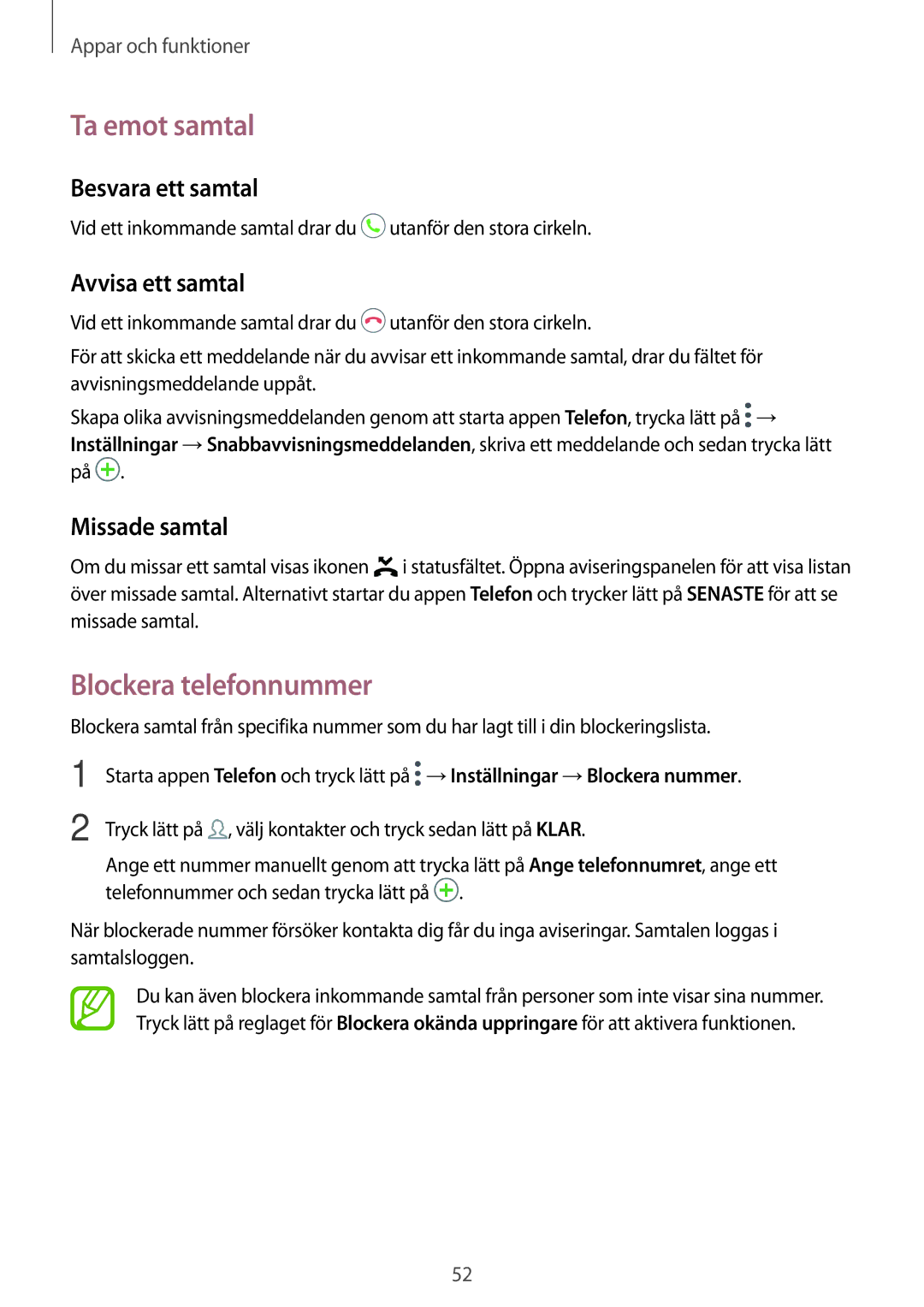 Samsung SM-A520FZKANEE manual Ta emot samtal, Blockera telefonnummer, Besvara ett samtal, Avvisa ett samtal, Missade samtal 