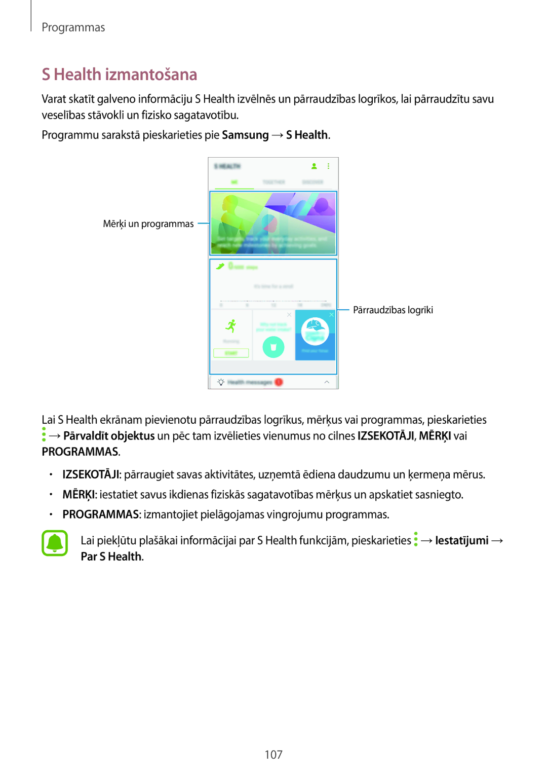 Samsung SM-A320FZDNSEB, SM-A320FZKNSEB, SM-A320FZINSEB manual Health izmantošana, Programmas 