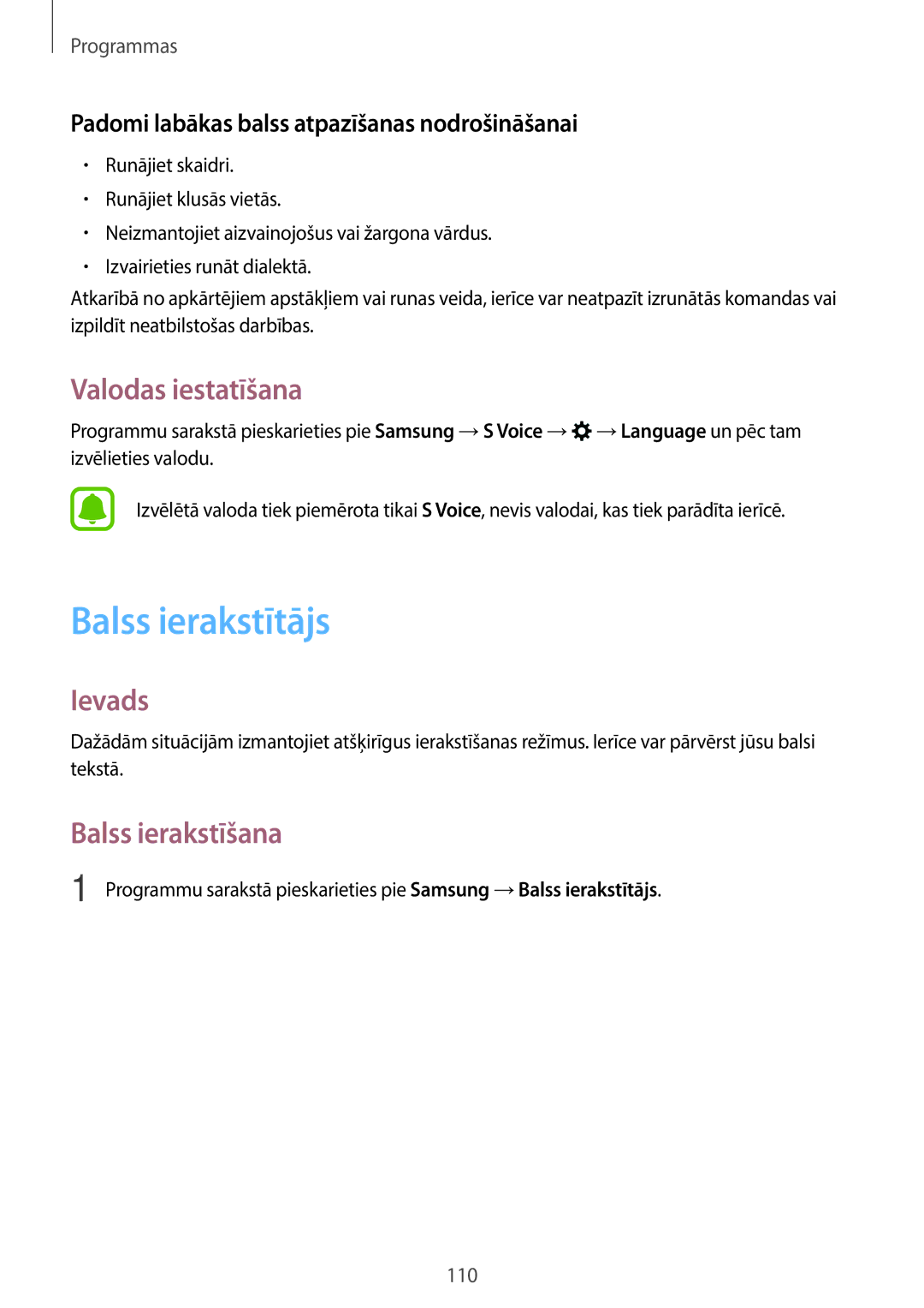 Samsung SM-A320FZDNSEB, SM-A320FZKNSEB, SM-A320FZINSEB manual Balss ierakstītājs, Valodas iestatīšana, Balss ierakstīšana 