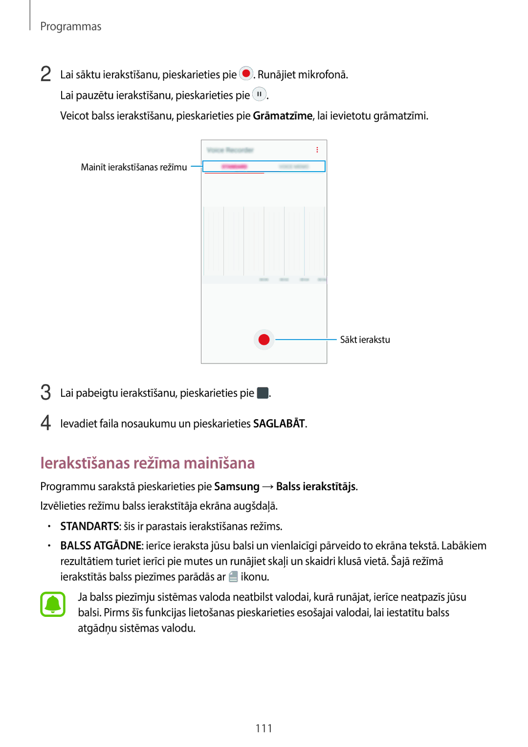 Samsung SM-A320FZKNSEB, SM-A320FZINSEB, SM-A320FZDNSEB manual Ierakstīšanas režīma mainīšana 