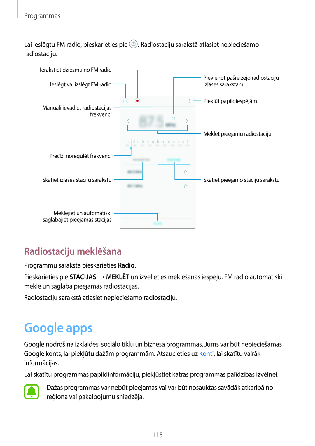 Samsung SM-A320FZINSEB, SM-A320FZKNSEB Google apps, Radiostaciju meklēšana, Radiostaciju sarakstā atlasiet nepieciešamo 