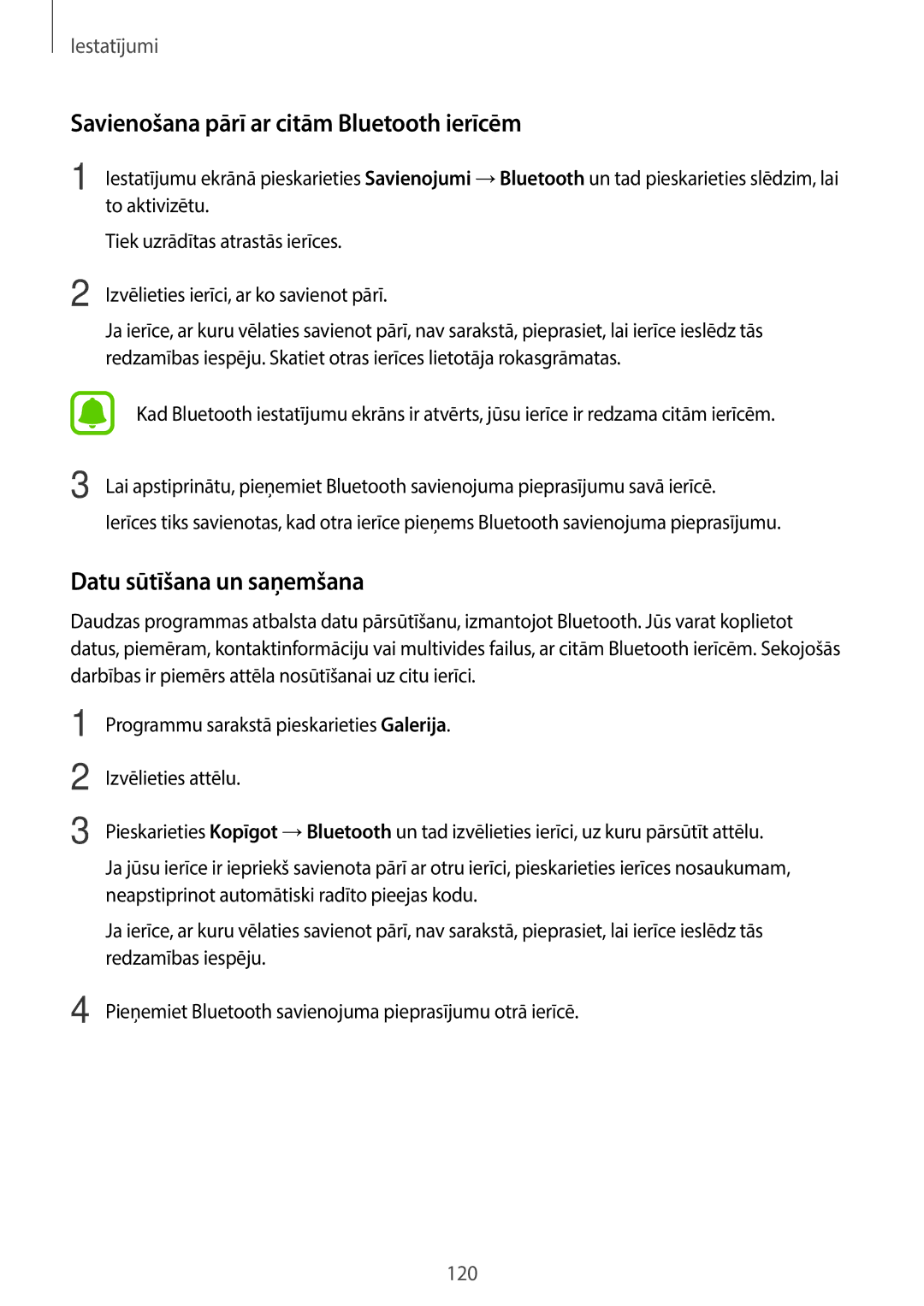 Samsung SM-A320FZKNSEB, SM-A320FZINSEB manual Savienošana pārī ar citām Bluetooth ierīcēm, Datu sūtīšana un saņemšana 