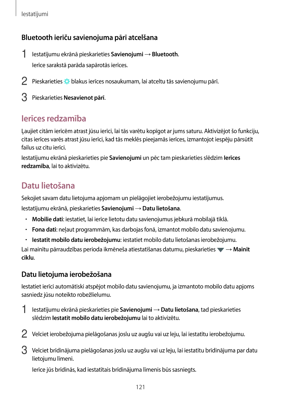 Samsung SM-A320FZINSEB manual Ierīces redzamība, Datu lietošana, Bluetooth ierīču savienojuma pārī atcelšana, Ciklu 