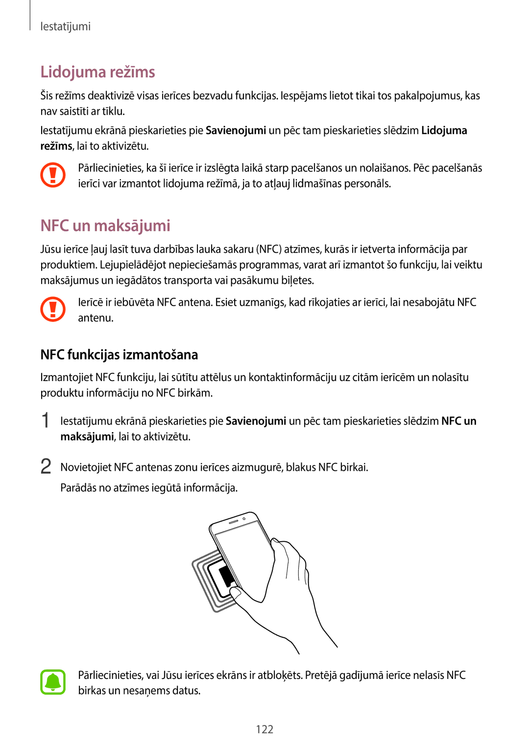 Samsung SM-A320FZDNSEB manual Lidojuma režīms, NFC un maksājumi, NFC funkcijas izmantošana, Maksājumi, lai to aktivizētu 