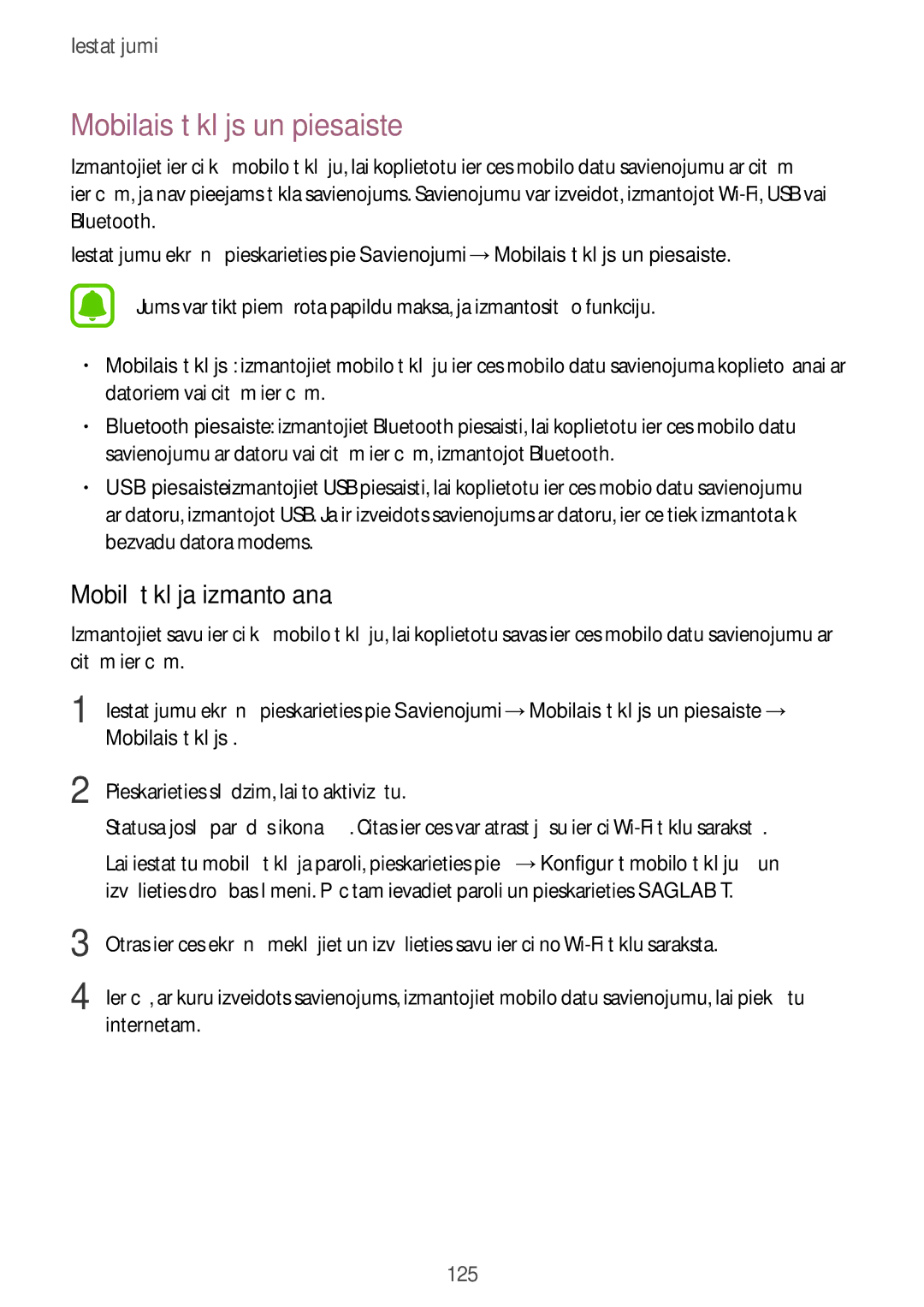 Samsung SM-A320FZDNSEB, SM-A320FZKNSEB, SM-A320FZINSEB manual Mobilais tīklājs un piesaiste, Mobilā tīklāja izmantošana 