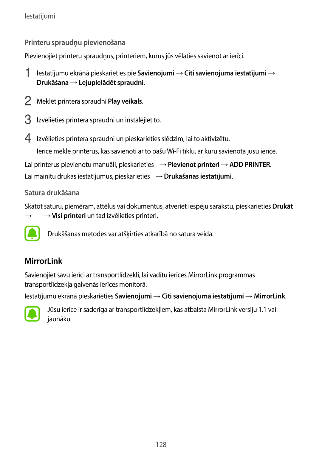 Samsung SM-A320FZDNSEB manual MirrorLink, Izvēlieties printera spraudni un instalējiet to, →Drukāšanas iestatījumi 