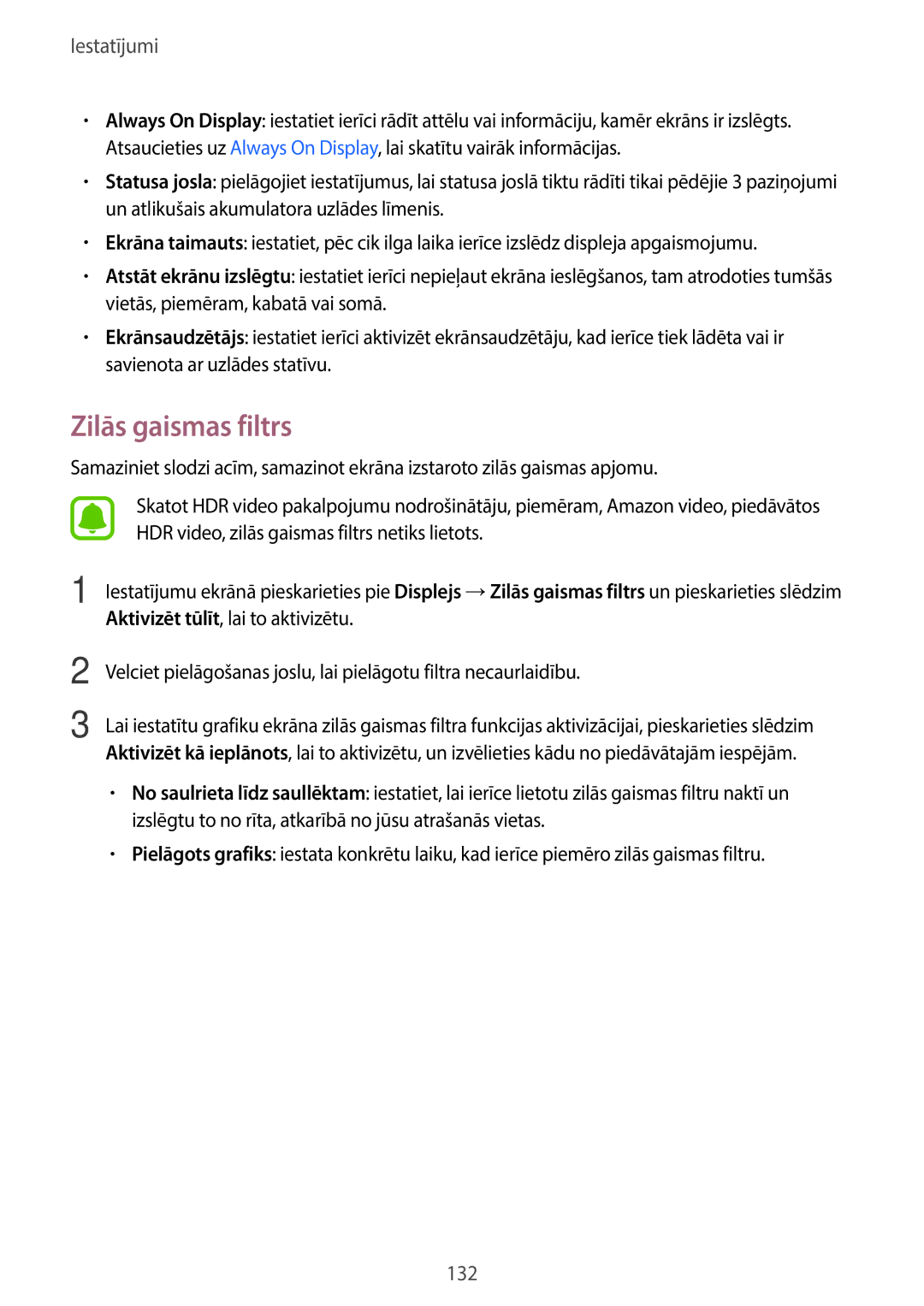 Samsung SM-A320FZKNSEB, SM-A320FZINSEB, SM-A320FZDNSEB manual Zilās gaismas filtrs 