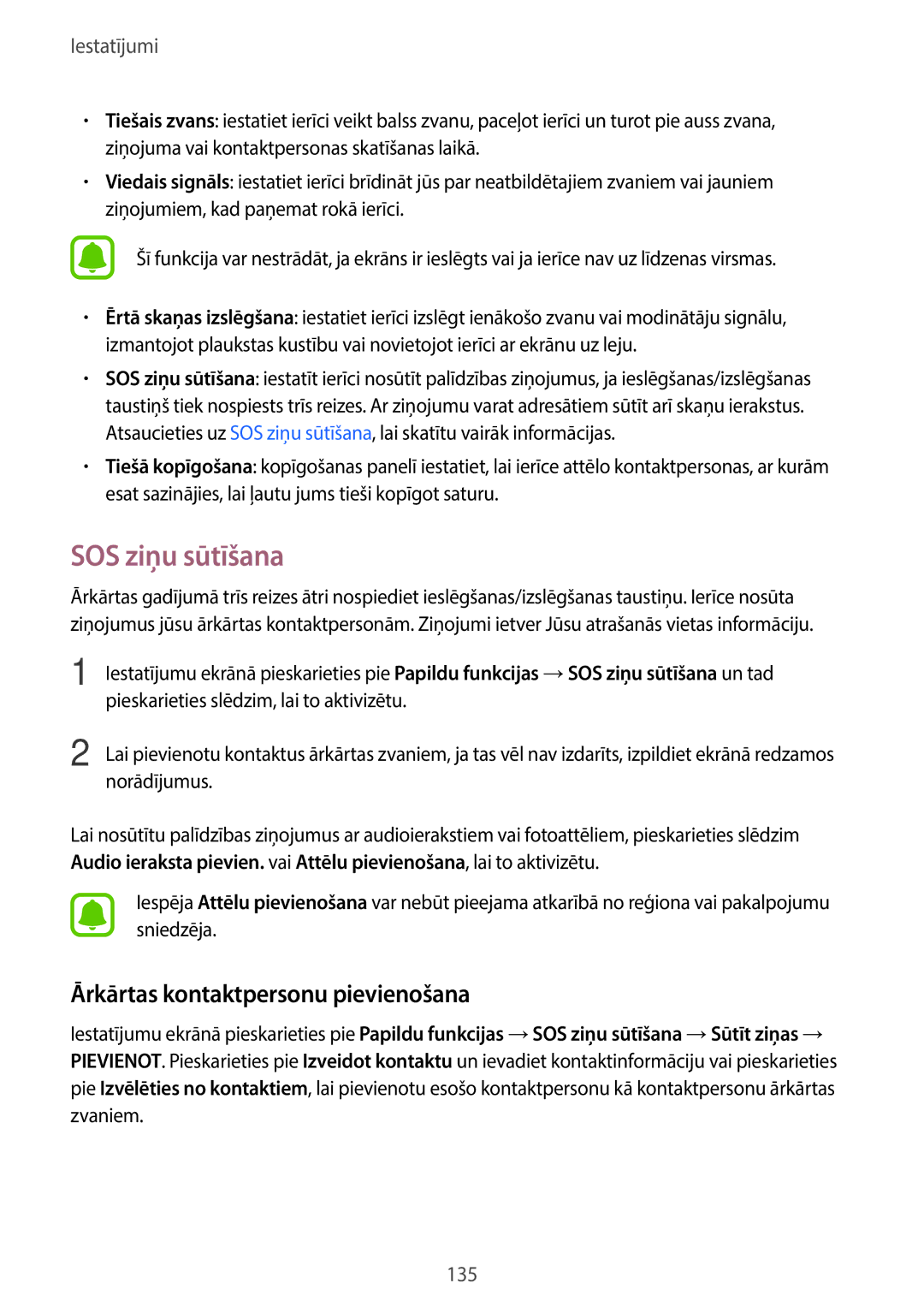 Samsung SM-A320FZKNSEB, SM-A320FZINSEB, SM-A320FZDNSEB manual SOS ziņu sūtīšana, Ārkārtas kontaktpersonu pievienošana 