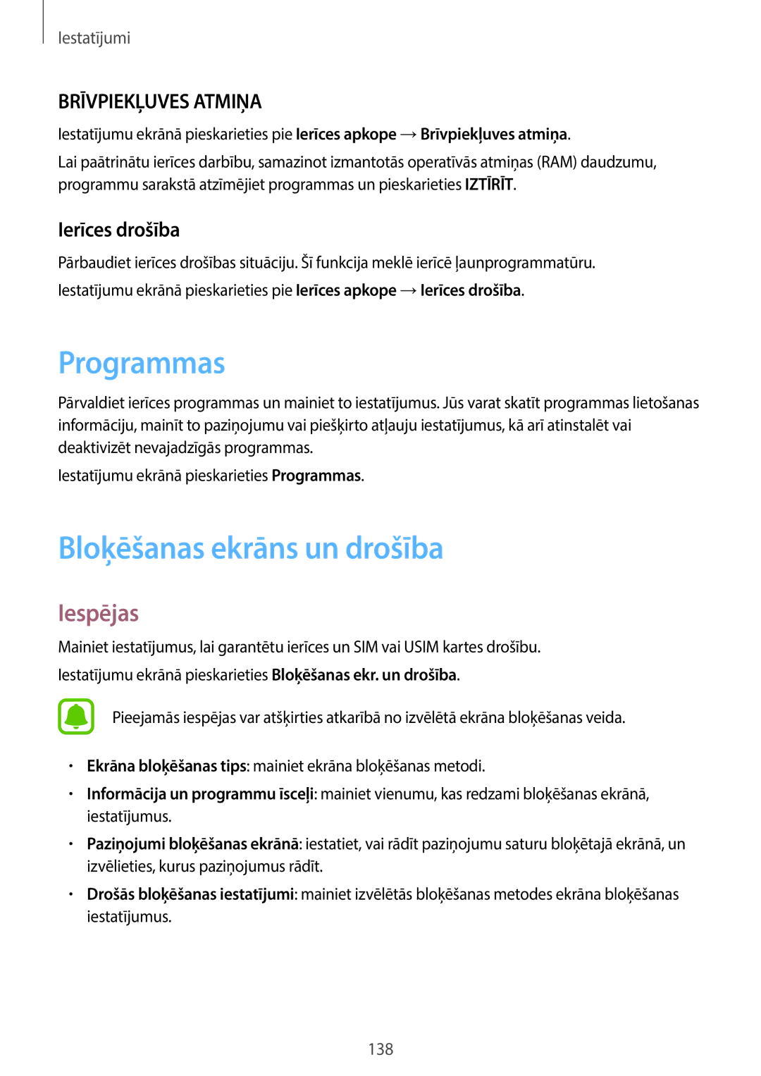 Samsung SM-A320FZKNSEB, SM-A320FZINSEB, SM-A320FZDNSEB manual Programmas, Bloķēšanas ekrāns un drošība, Ierīces drošība 