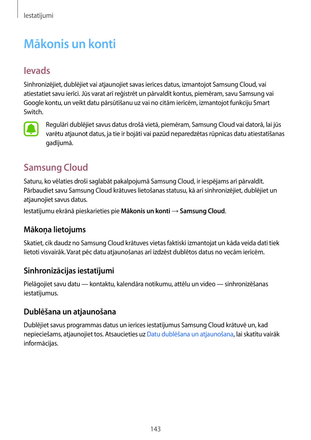 Samsung SM-A320FZDNSEB, SM-A320FZKNSEB manual Mākonis un konti, Samsung Cloud, Mākoņa lietojums, Sinhronizācijas iestatījumi 