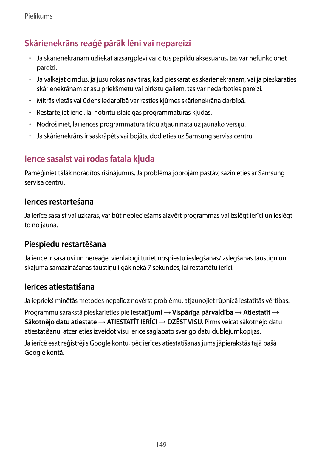 Samsung SM-A320FZDNSEB, SM-A320FZKNSEB, SM-A320FZINSEB manual Piespiedu restartēšana, Ierīces atiestatīšana 