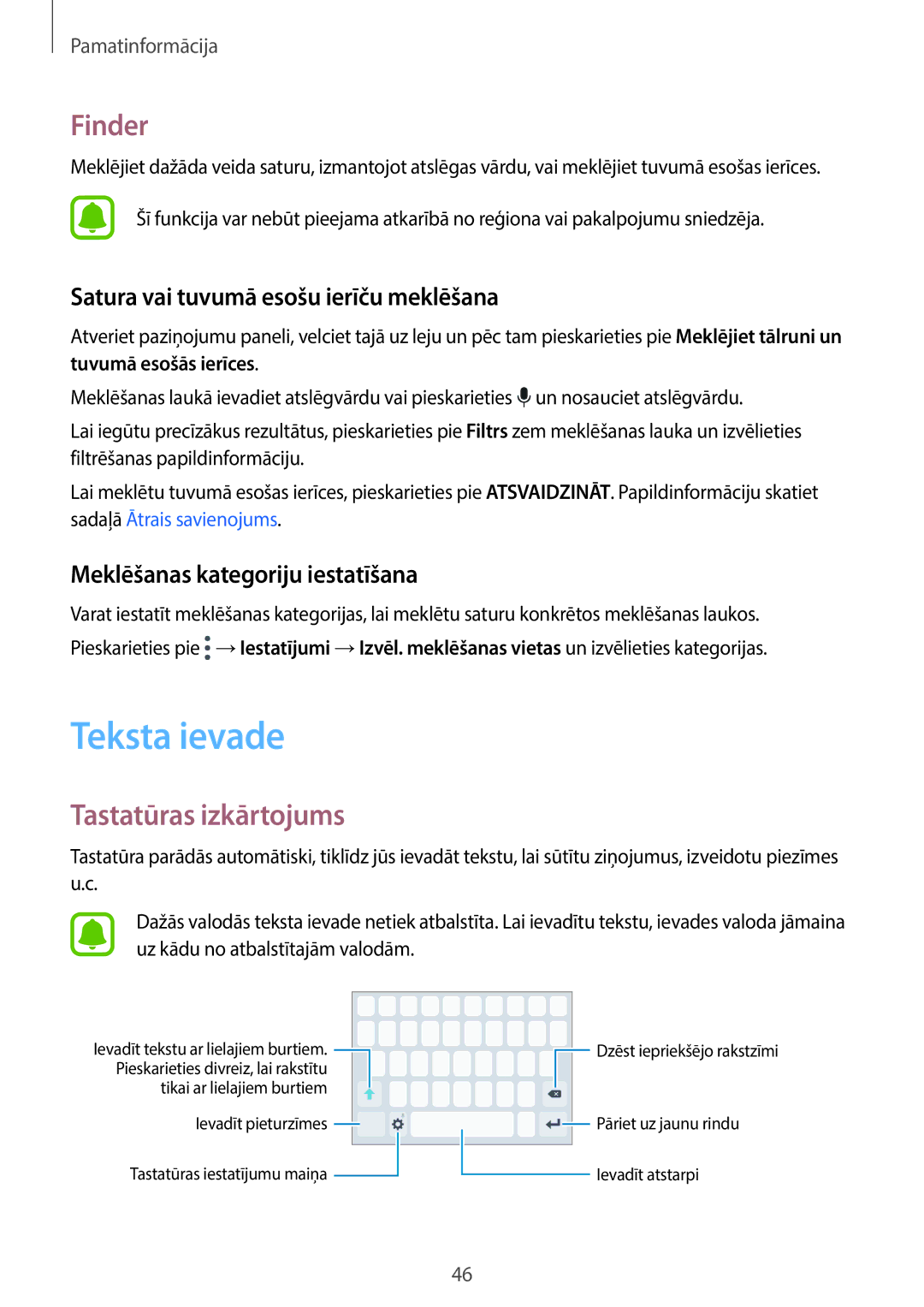 Samsung SM-A320FZINSEB manual Teksta ievade, Finder, Tastatūras izkārtojums, Satura vai tuvumā esošu ierīču meklēšana 