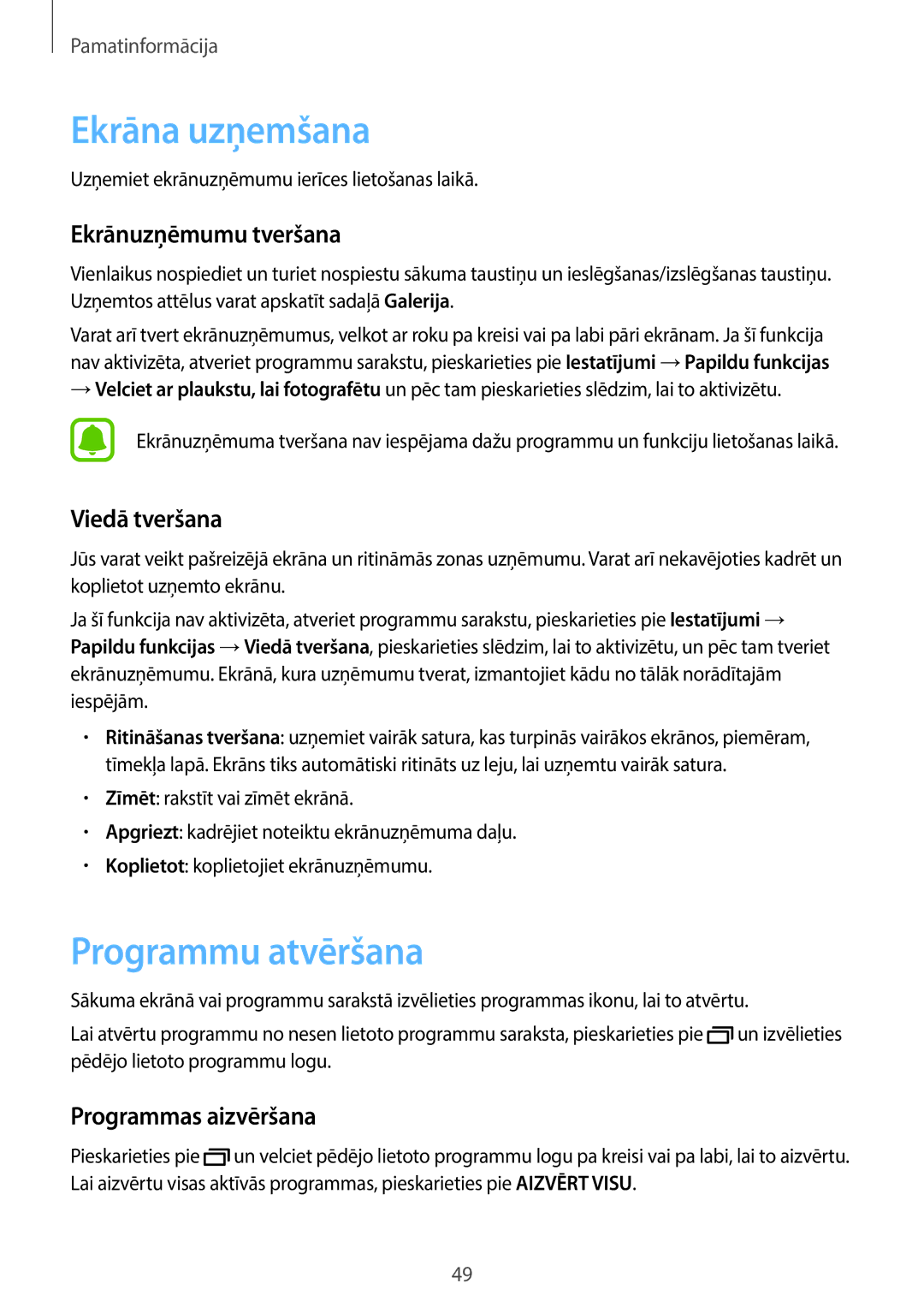 Samsung SM-A320FZINSEB, SM-A320FZKNSEB manual Ekrāna uzņemšana, Programmu atvēršana, Ekrānuzņēmumu tveršana, Viedā tveršana 