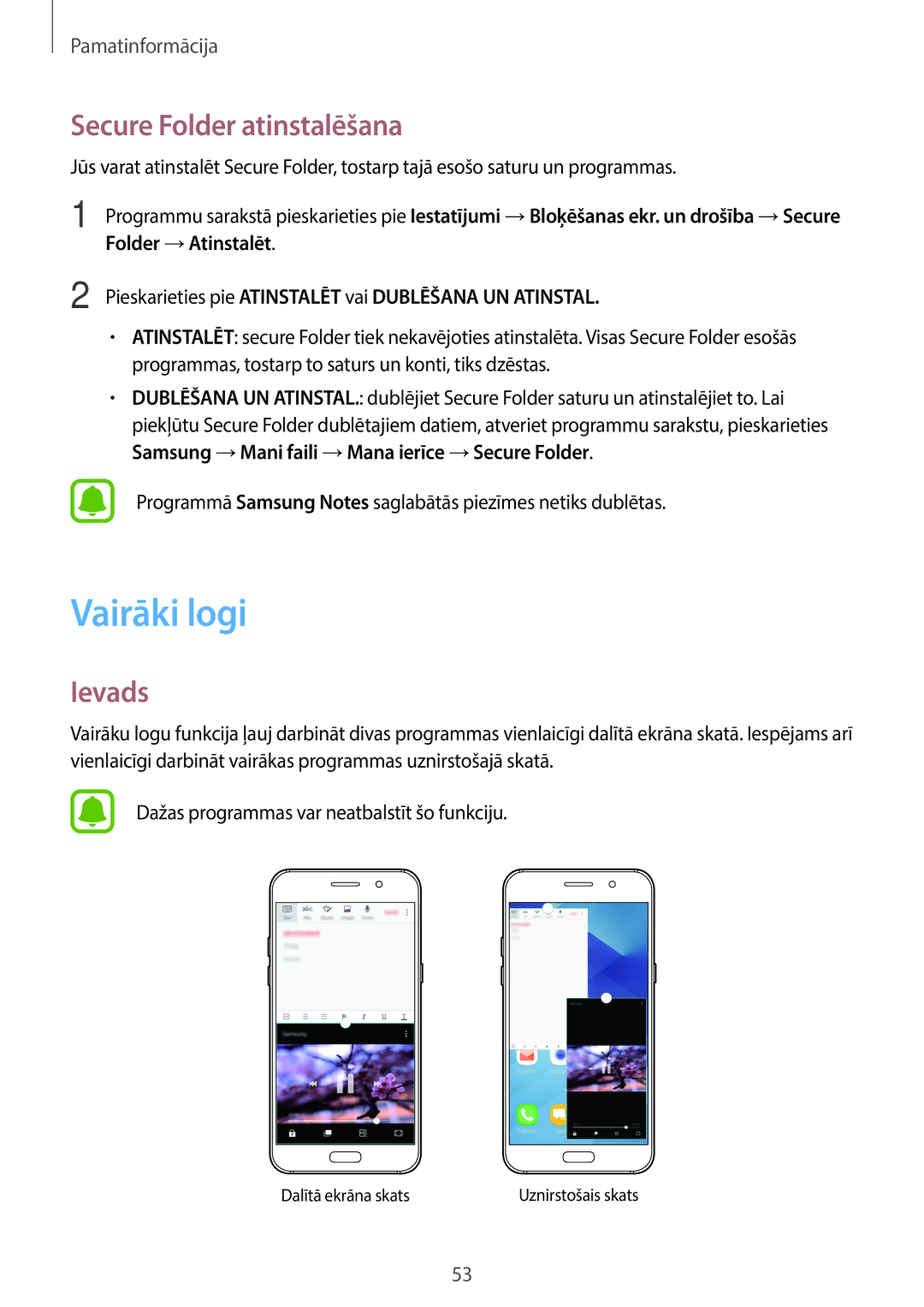 Samsung SM-A320FZDNSEB, SM-A320FZKNSEB, SM-A320FZINSEB manual Vairāki logi, Secure Folder atinstalēšana, Folder →Atinstalēt 