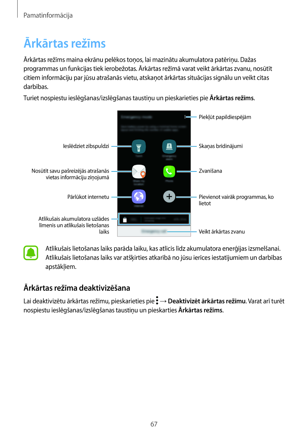 Samsung SM-A320FZINSEB, SM-A320FZKNSEB, SM-A320FZDNSEB manual Ārkārtas režīms, Ārkārtas režīma deaktivizēšana 