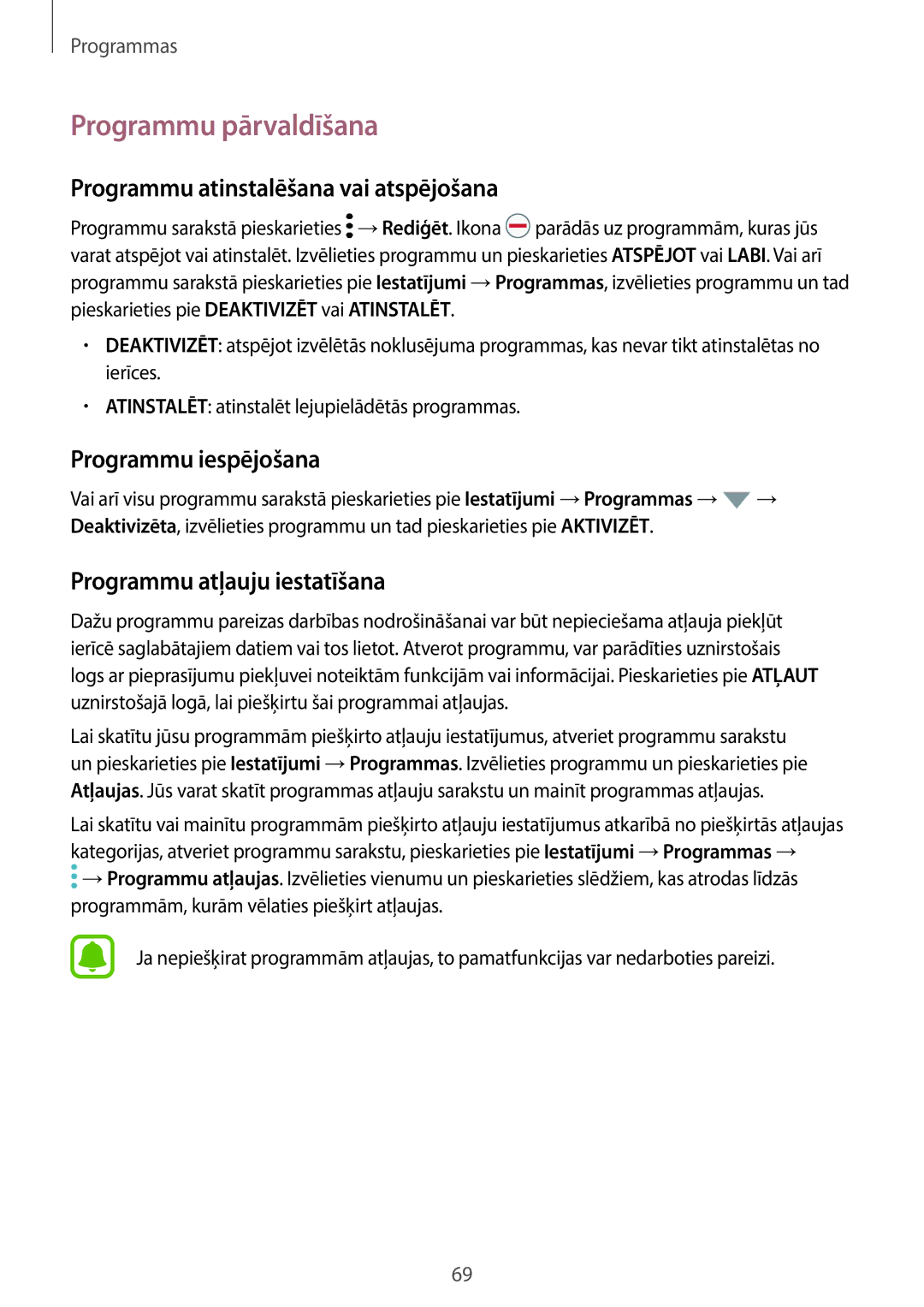 Samsung SM-A320FZKNSEB manual Programmu pārvaldīšana, Programmu atinstalēšana vai atspējošana, Programmu iespējošana 