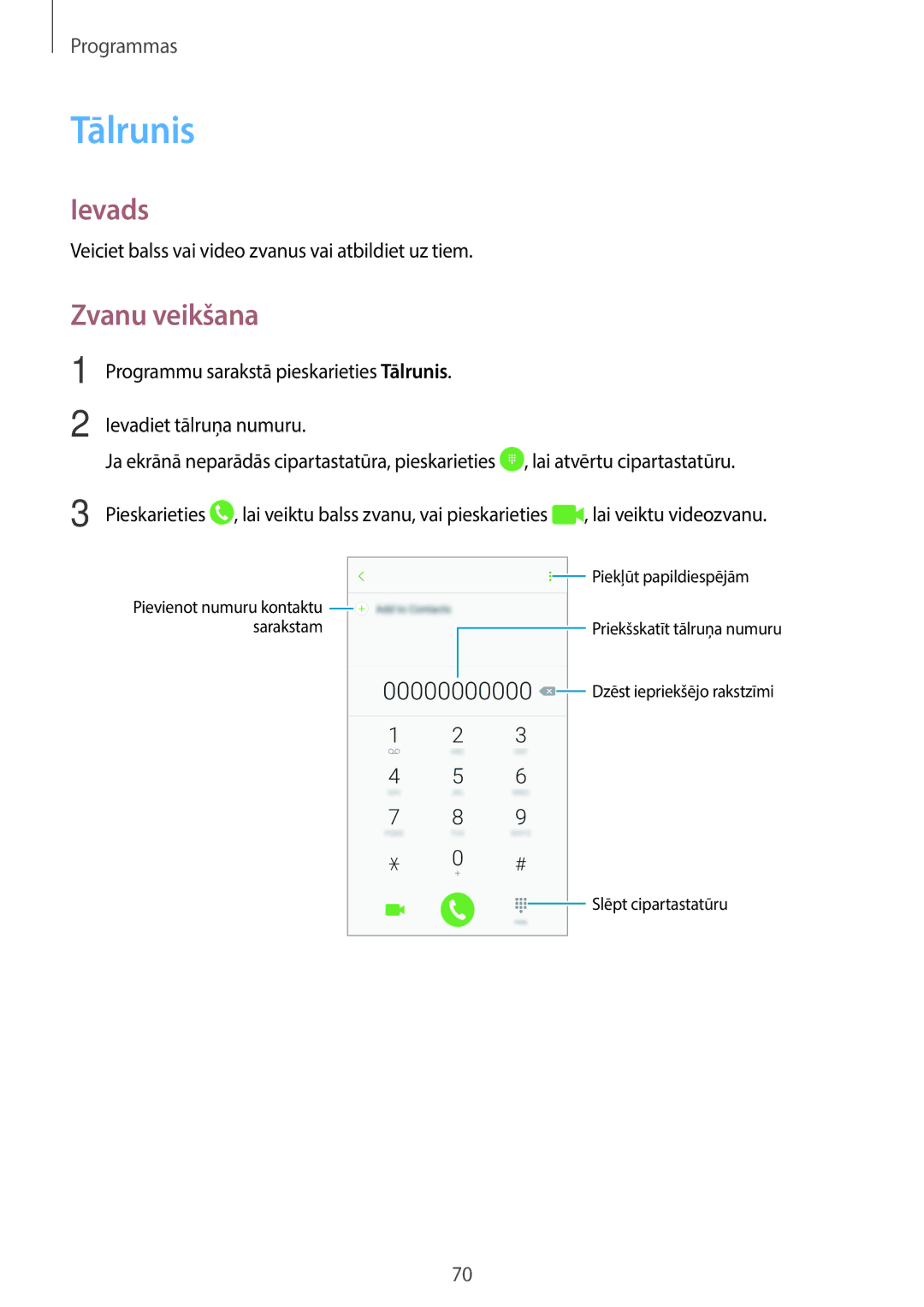 Samsung SM-A320FZINSEB, SM-A320FZKNSEB manual Tālrunis, Zvanu veikšana, Veiciet balss vai video zvanus vai atbildiet uz tiem 