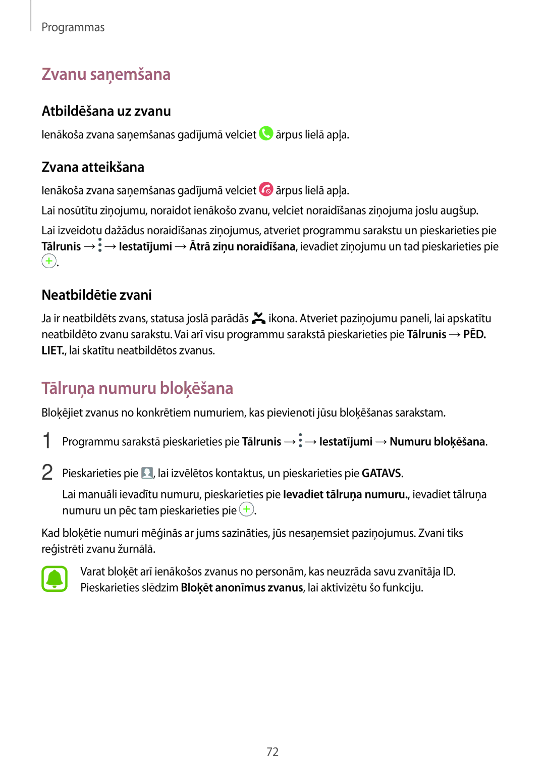 Samsung SM-A320FZKNSEB, SM-A320FZINSEB Zvanu saņemšana, Tālruņa numuru bloķēšana, Atbildēšana uz zvanu, Zvana atteikšana 