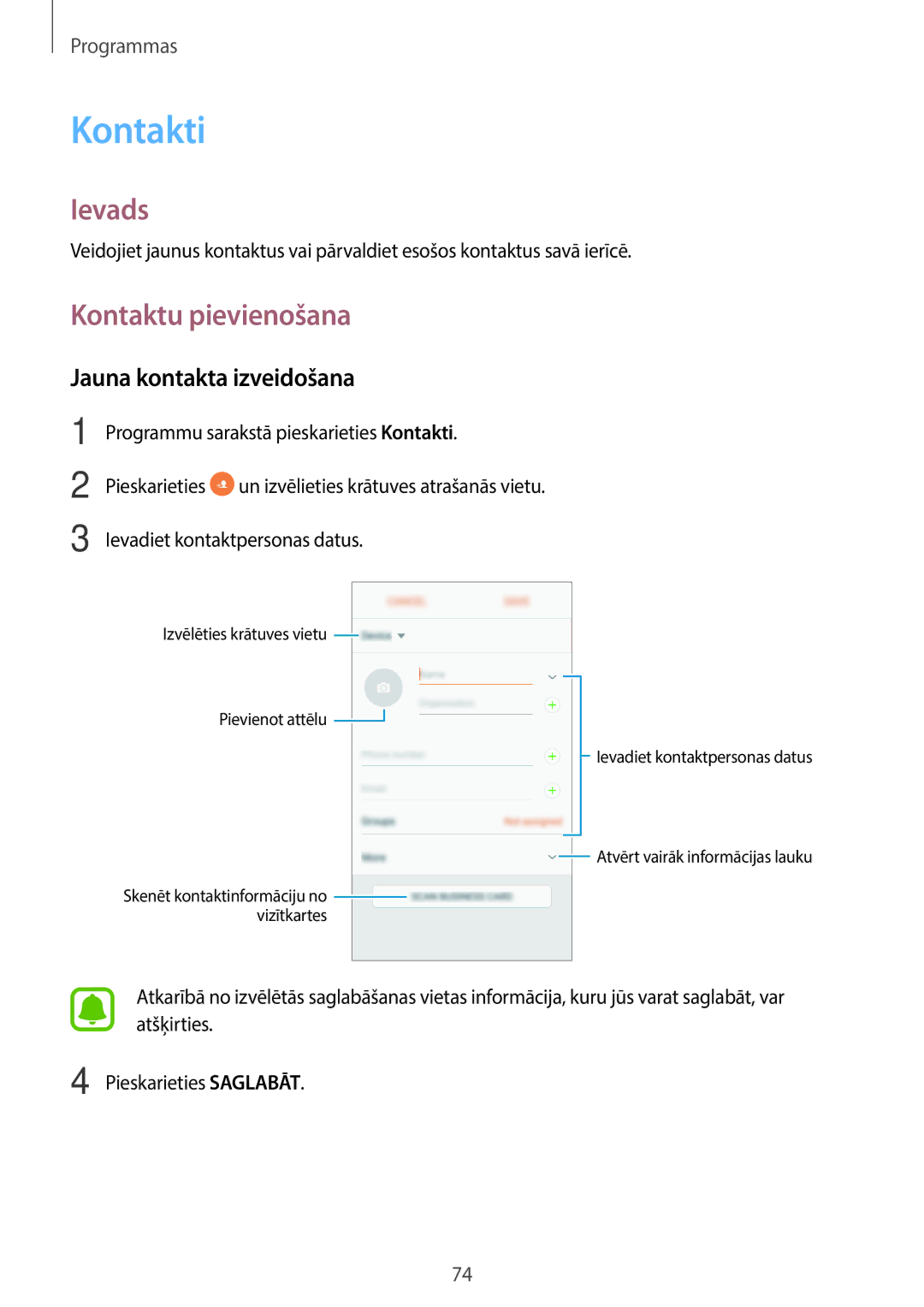 Samsung SM-A320FZDNSEB, SM-A320FZKNSEB, SM-A320FZINSEB manual Kontakti, Kontaktu pievienošana, Jauna kontakta izveidošana 