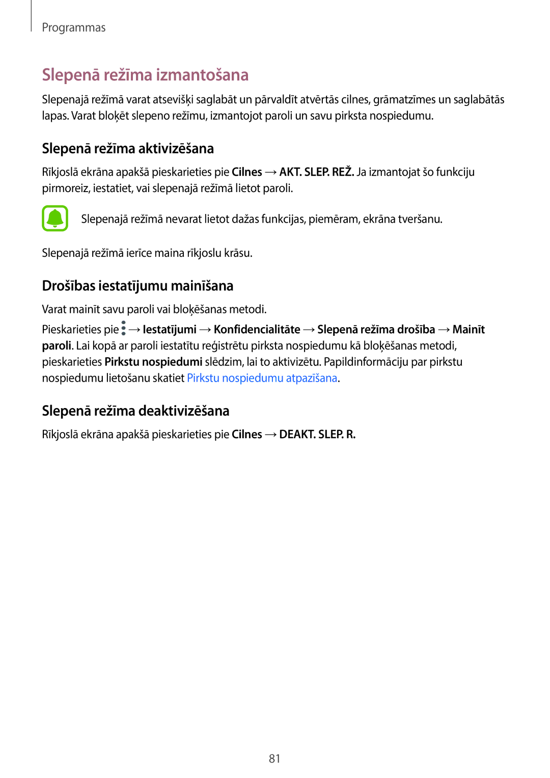 Samsung SM-A320FZKNSEB manual Slepenā režīma izmantošana, Slepenā režīma aktivizēšana, Drošības iestatījumu mainīšana 