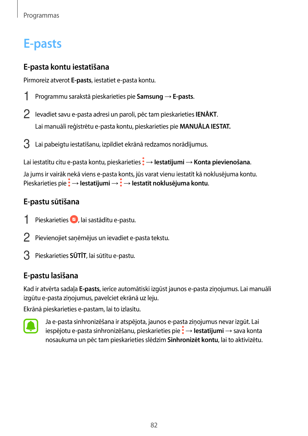 Samsung SM-A320FZINSEB, SM-A320FZKNSEB, SM-A320FZDNSEB manual Pasts, Pasta kontu iestatīšana, Pastu sūtīšana, Pastu lasīšana 