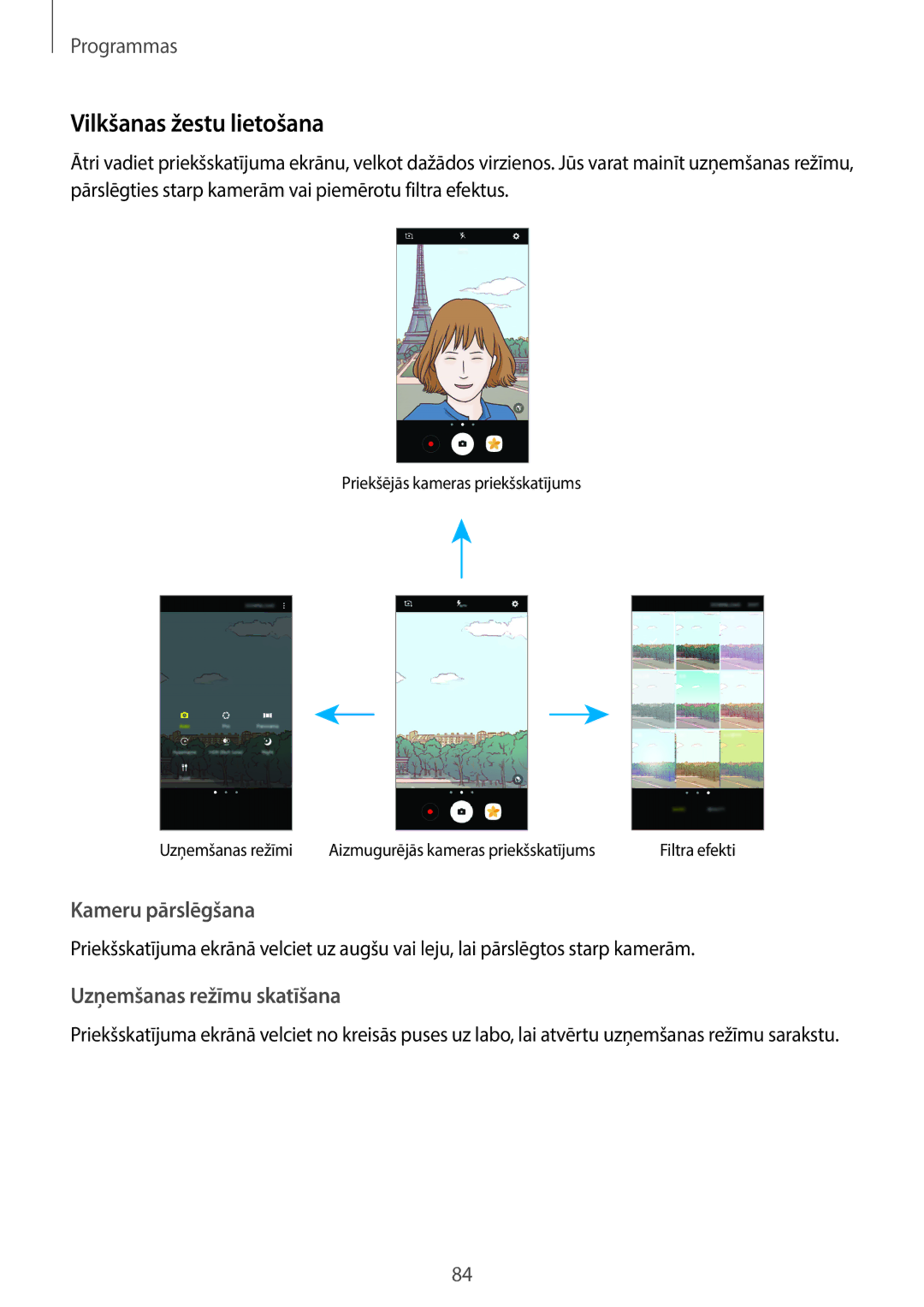 Samsung SM-A320FZKNSEB, SM-A320FZINSEB, SM-A320FZDNSEB manual Vilkšanas žestu lietošana, Uzņemšanas režīmu skatīšana 