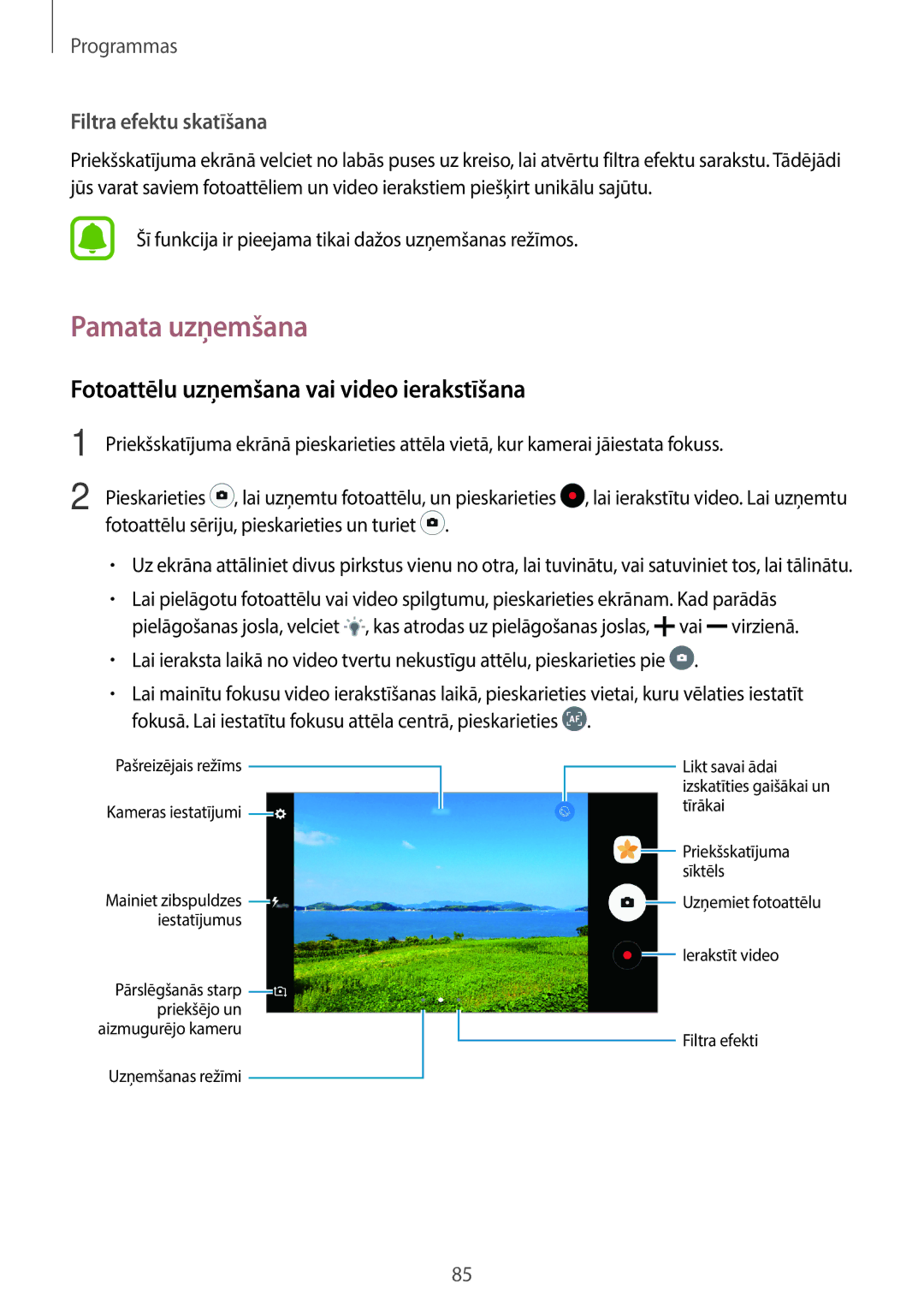 Samsung SM-A320FZINSEB, SM-A320FZKNSEB, SM-A320FZDNSEB manual Pamata uzņemšana, Fotoattēlu uzņemšana vai video ierakstīšana 