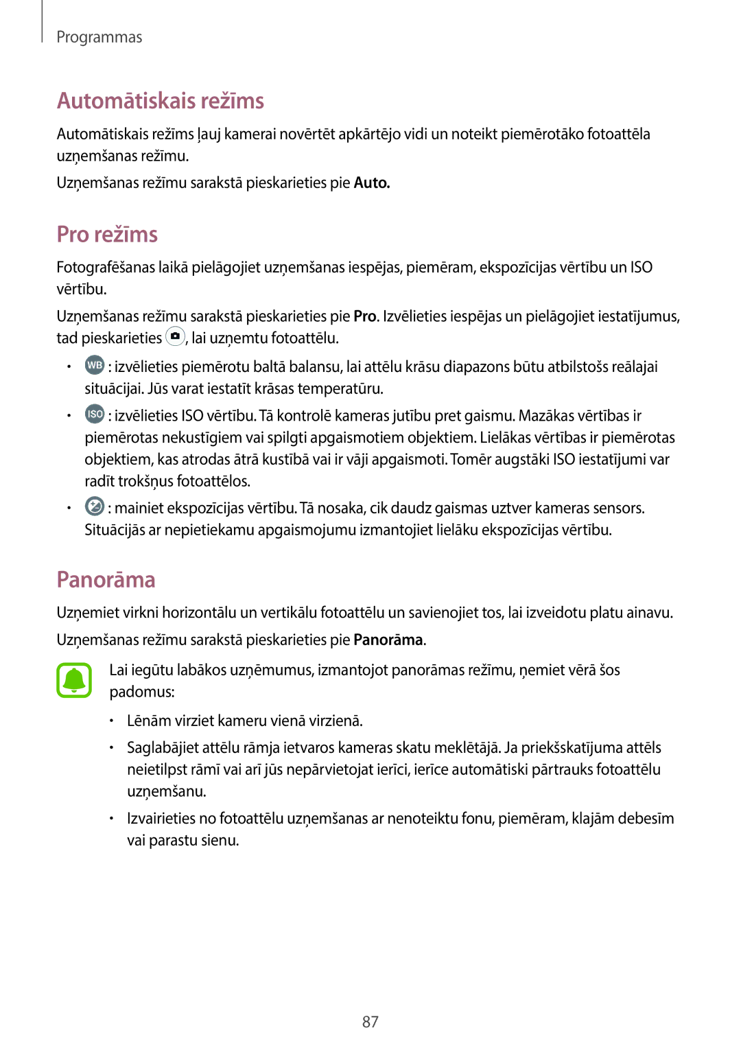 Samsung SM-A320FZKNSEB, SM-A320FZINSEB, SM-A320FZDNSEB manual Automātiskais režīms, Pro režīms, Panorāma 