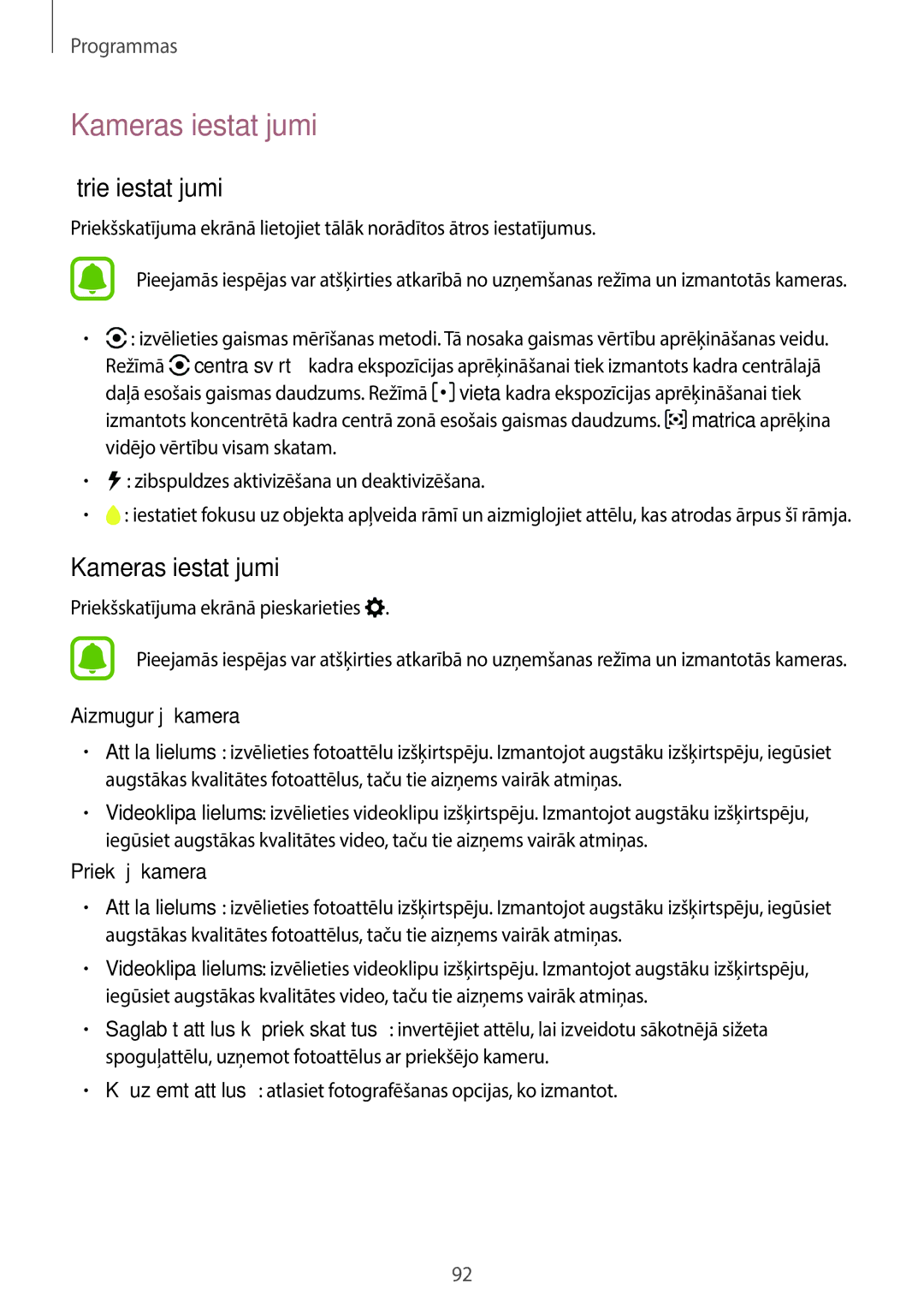 Samsung SM-A320FZDNSEB, SM-A320FZKNSEB manual Kameras iestatījumi, Ātrie iestatījumi, Aizmugurējā kamera, Priekšējā kamera 