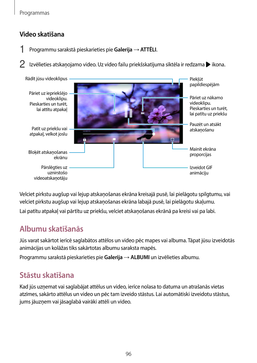 Samsung SM-A320FZKNSEB, SM-A320FZINSEB, SM-A320FZDNSEB manual Albumu skatīšanās, Stāstu skatīšana, Video skatīšana 