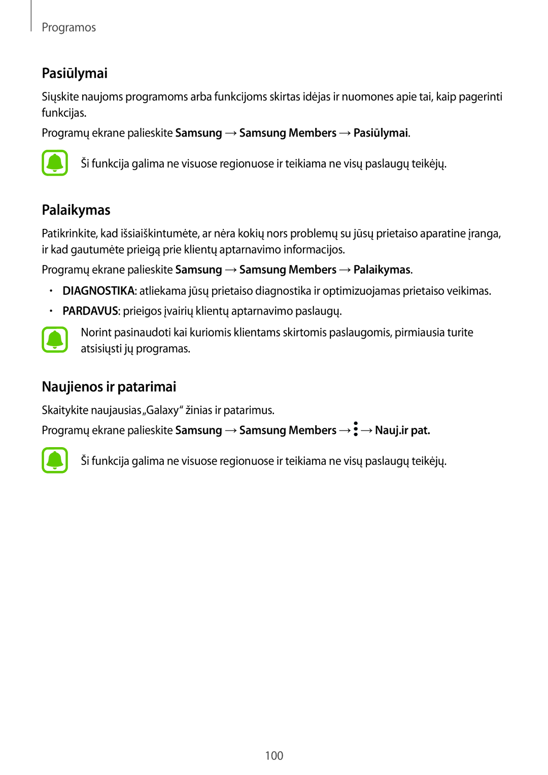 Samsung SM-A320FZINSEB, SM-A320FZKNSEB, SM-A320FZDNSEB manual Pasiūlymai, Palaikymas, Naujienos ir patarimai 