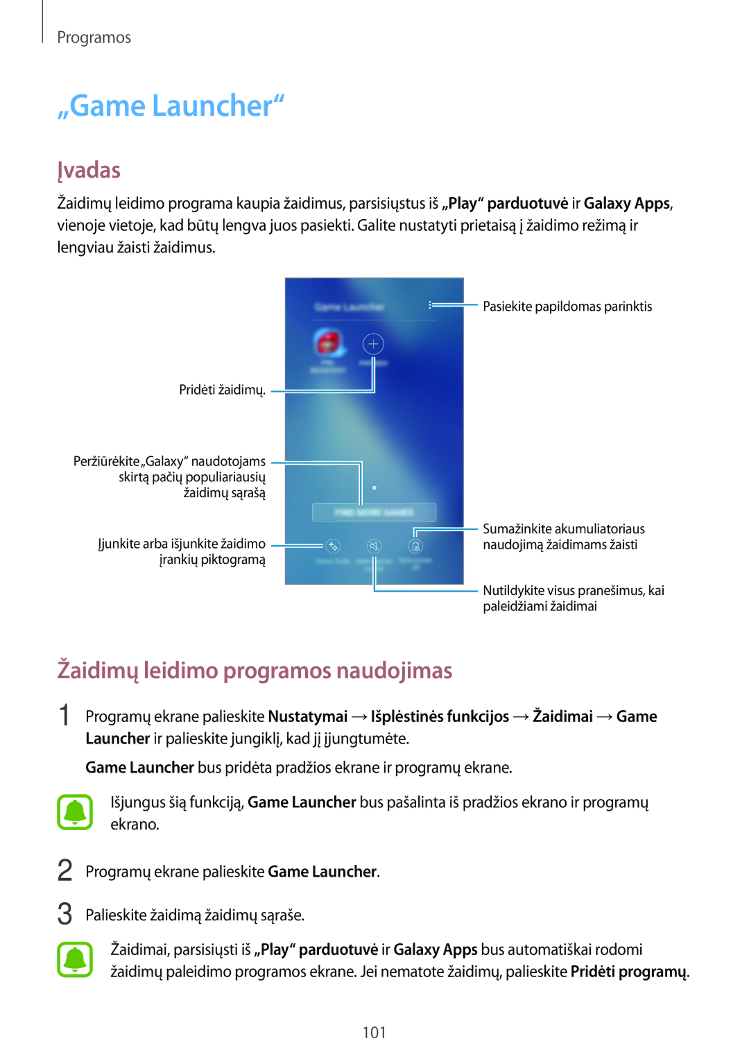 Samsung SM-A320FZDNSEB, SM-A320FZKNSEB, SM-A320FZINSEB manual „Game Launcher, Žaidimų leidimo programos naudojimas 