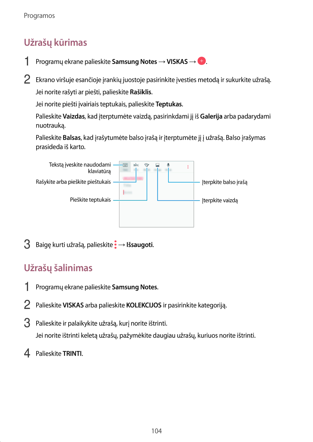 Samsung SM-A320FZDNSEB, SM-A320FZKNSEB, SM-A320FZINSEB manual Užrašų kūrimas, Užrašų šalinimas 