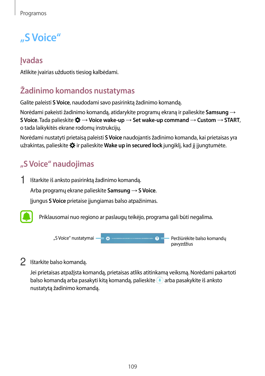 Samsung SM-A320FZINSEB, SM-A320FZKNSEB, SM-A320FZDNSEB manual Žadinimo komandos nustatymas, „S Voice naudojimas 