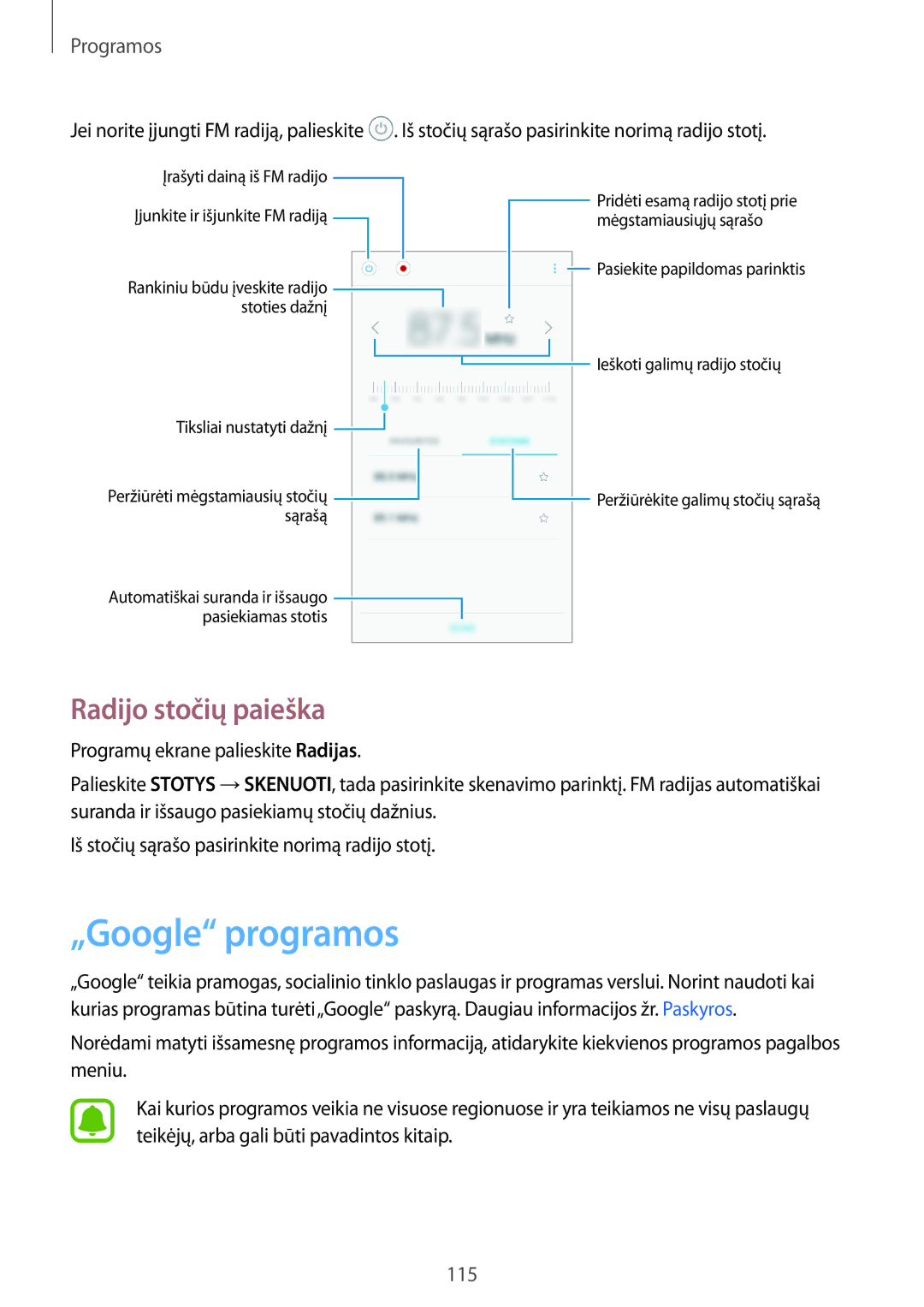 Samsung SM-A320FZINSEB, SM-A320FZKNSEB, SM-A320FZDNSEB manual „Google programos, Radijo stočių paieška 