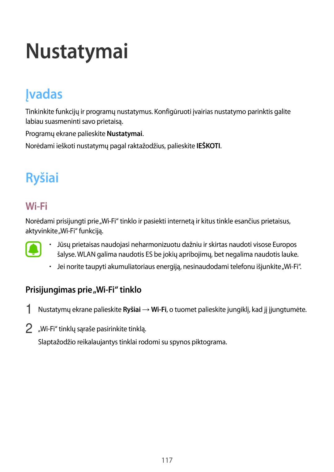 Samsung SM-A320FZKNSEB, SM-A320FZINSEB, SM-A320FZDNSEB manual Įvadas, Ryšiai, Prisijungimas prie„Wi-Fi tinklo 