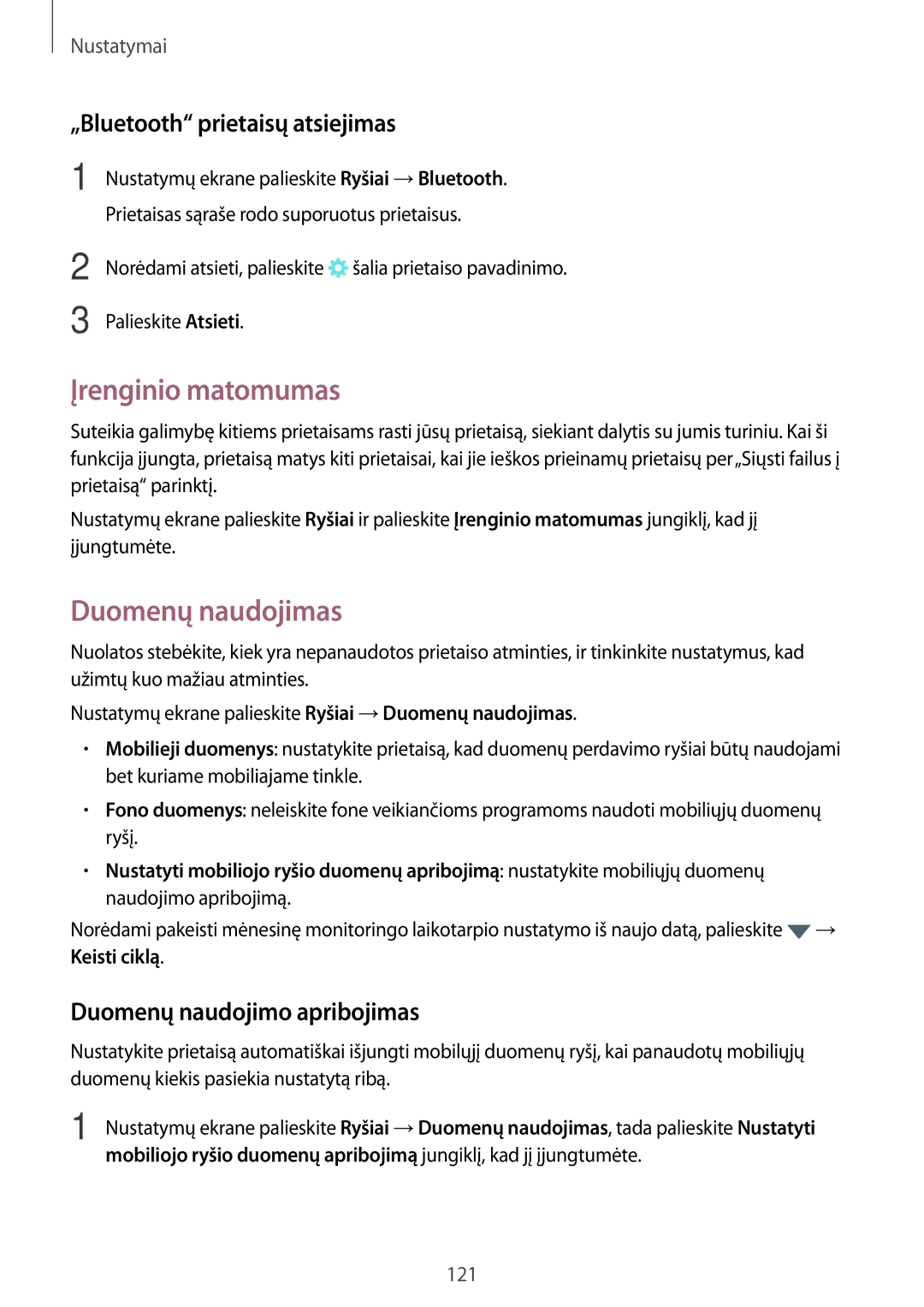 Samsung SM-A320FZINSEB, SM-A320FZKNSEB manual Įrenginio matomumas, Duomenų naudojimas, „Bluetooth prietaisų atsiejimas 