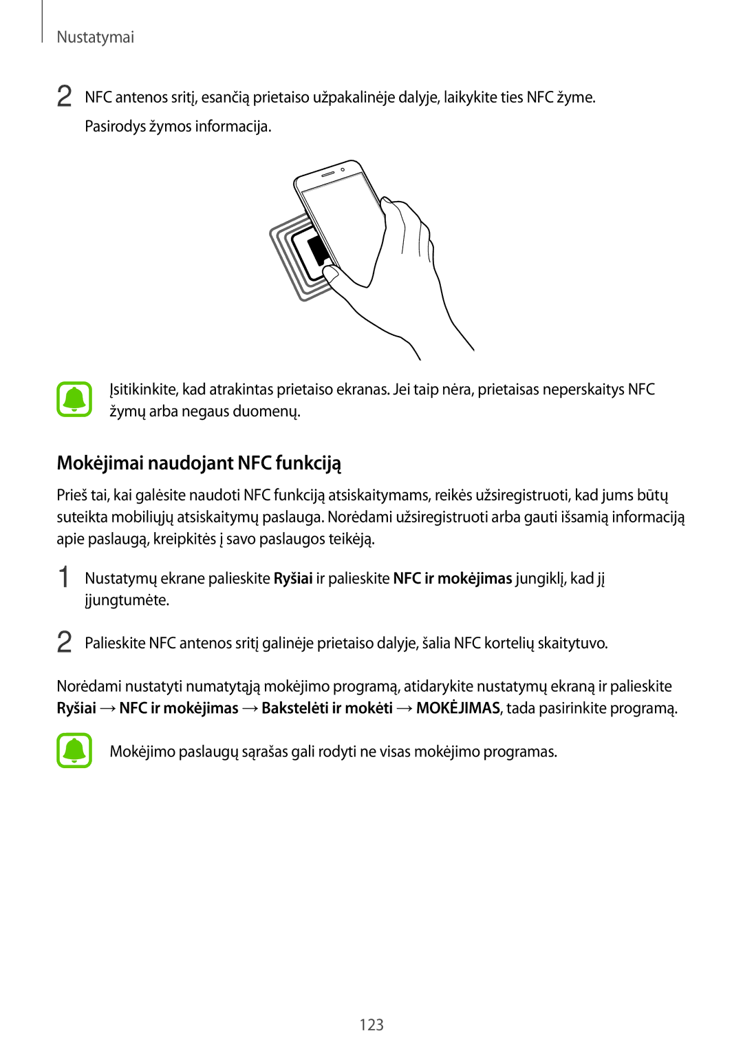 Samsung SM-A320FZKNSEB, SM-A320FZINSEB, SM-A320FZDNSEB manual Mokėjimai naudojant NFC funkciją 