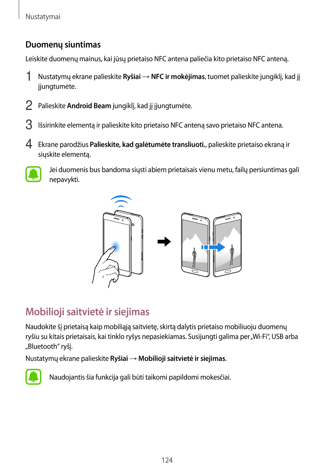 Samsung SM-A320FZINSEB, SM-A320FZKNSEB, SM-A320FZDNSEB manual Mobilioji saitvietė ir siejimas, Duomenų siuntimas 