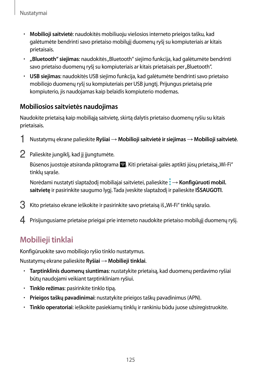 Samsung SM-A320FZDNSEB, SM-A320FZKNSEB, SM-A320FZINSEB manual Mobilieji tinklai, Mobiliosios saitvietės naudojimas 