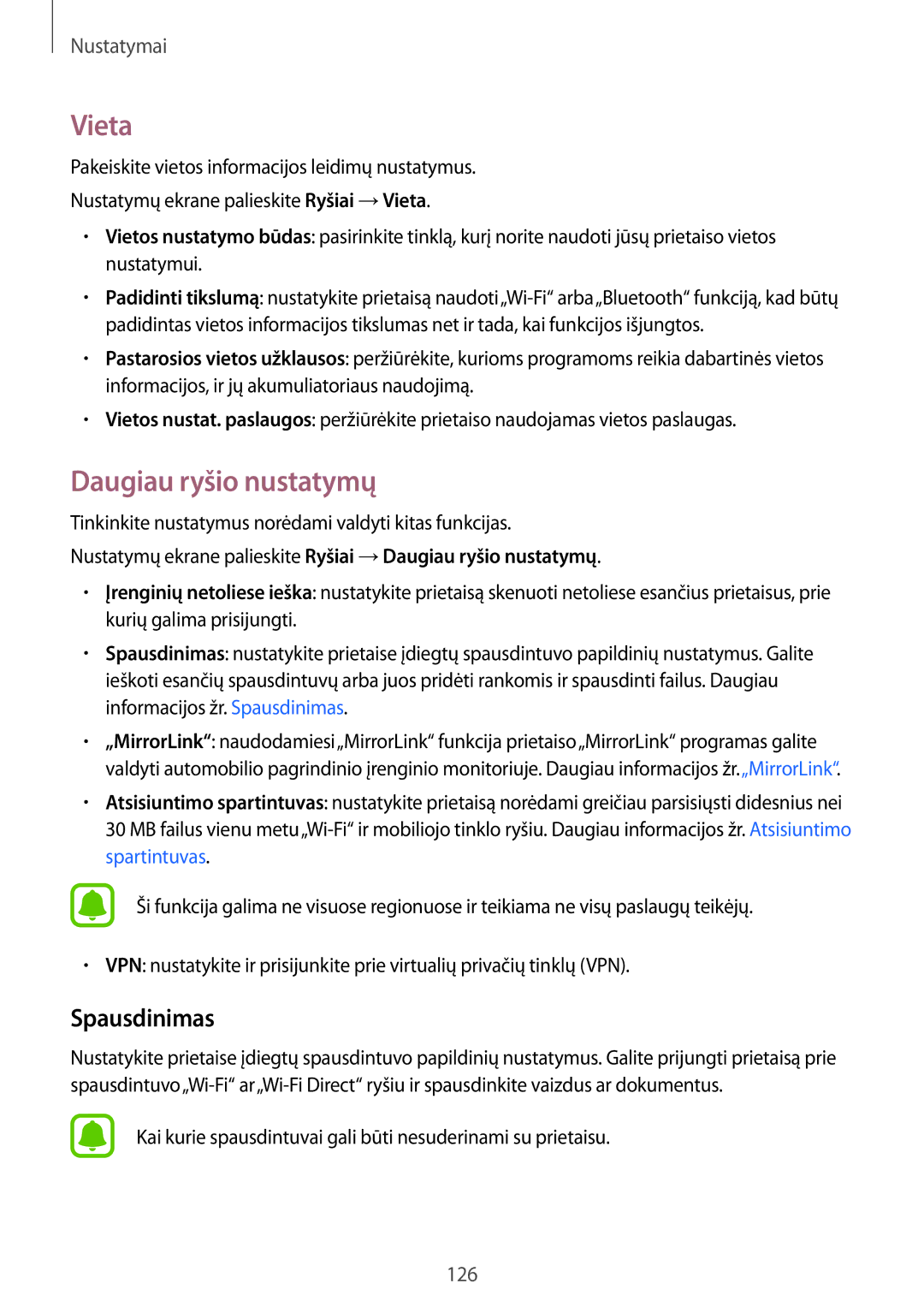 Samsung SM-A320FZKNSEB, SM-A320FZINSEB, SM-A320FZDNSEB manual Vieta, Daugiau ryšio nustatymų, Spausdinimas 